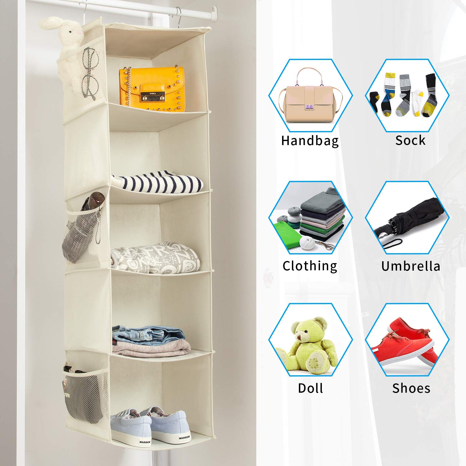 BrilliantJo 5 Shelves Hanging Closet Organizer  2 Pack Hanging Storage with 6 Side Pockets for Clothes Shoes  42.5''x11.8''x11.8''(Beige)