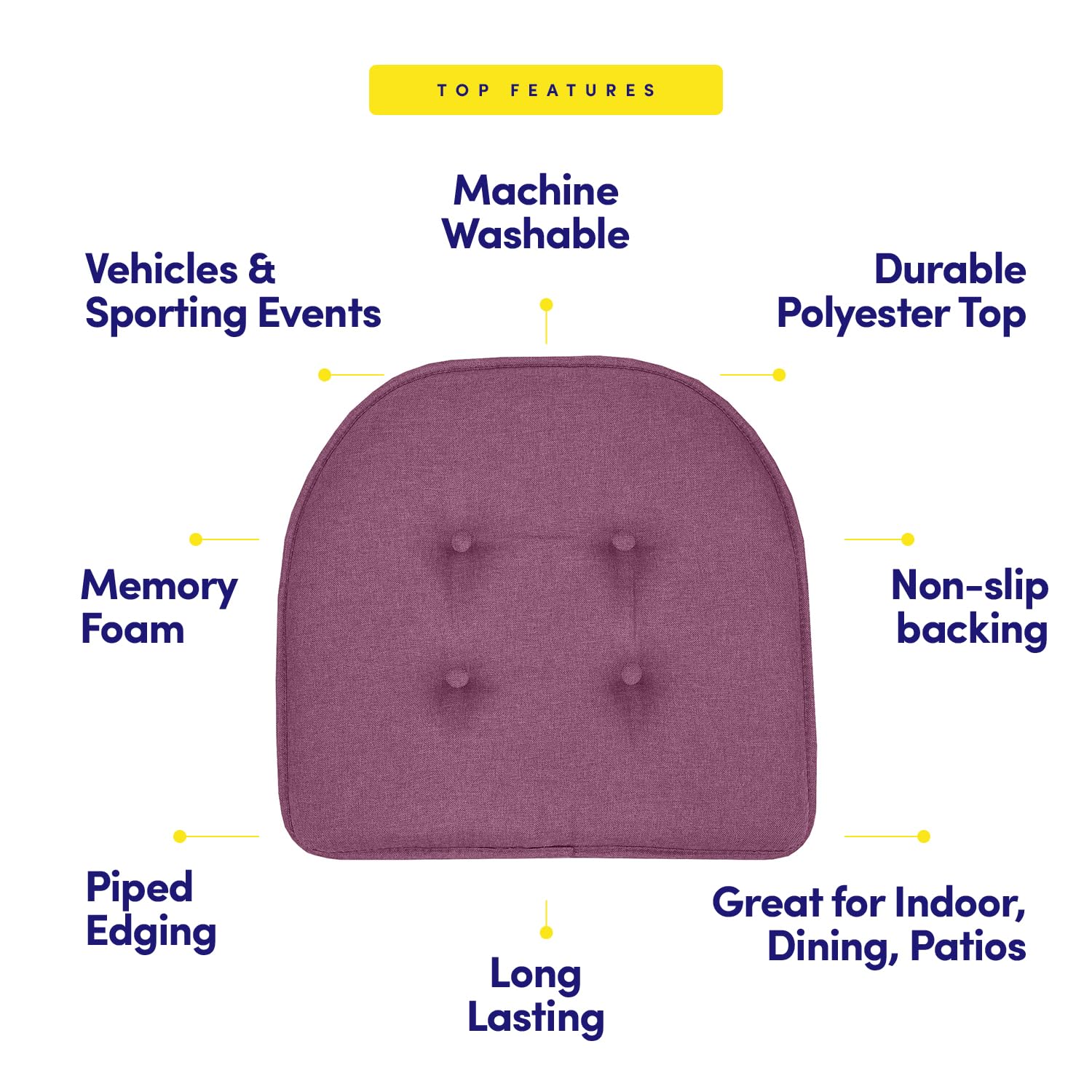 Sweet Home Collection Chair Cushion Memory Foam Pads Tufted Slip Non Skid Rubber Back U-Shaped 17 x 16 Seat Cover, 4 Count (Pack