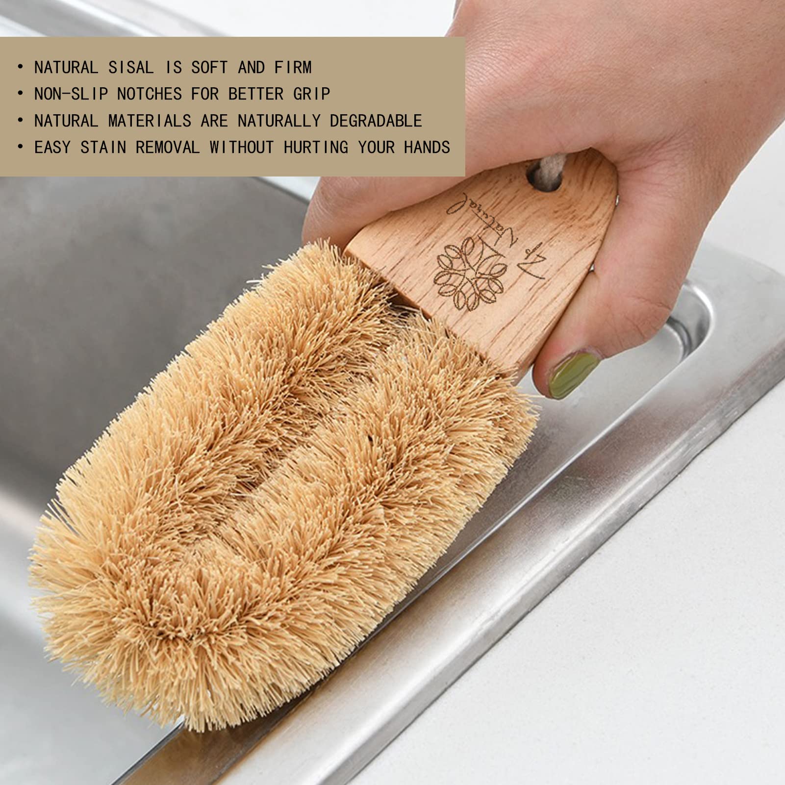Bamboo Dish Scrub Brushes, Zp Natural 3Pack Kitchen Wooden Cleaning Scrubbers Set For Cleaning Pots, Pans And Vegetables