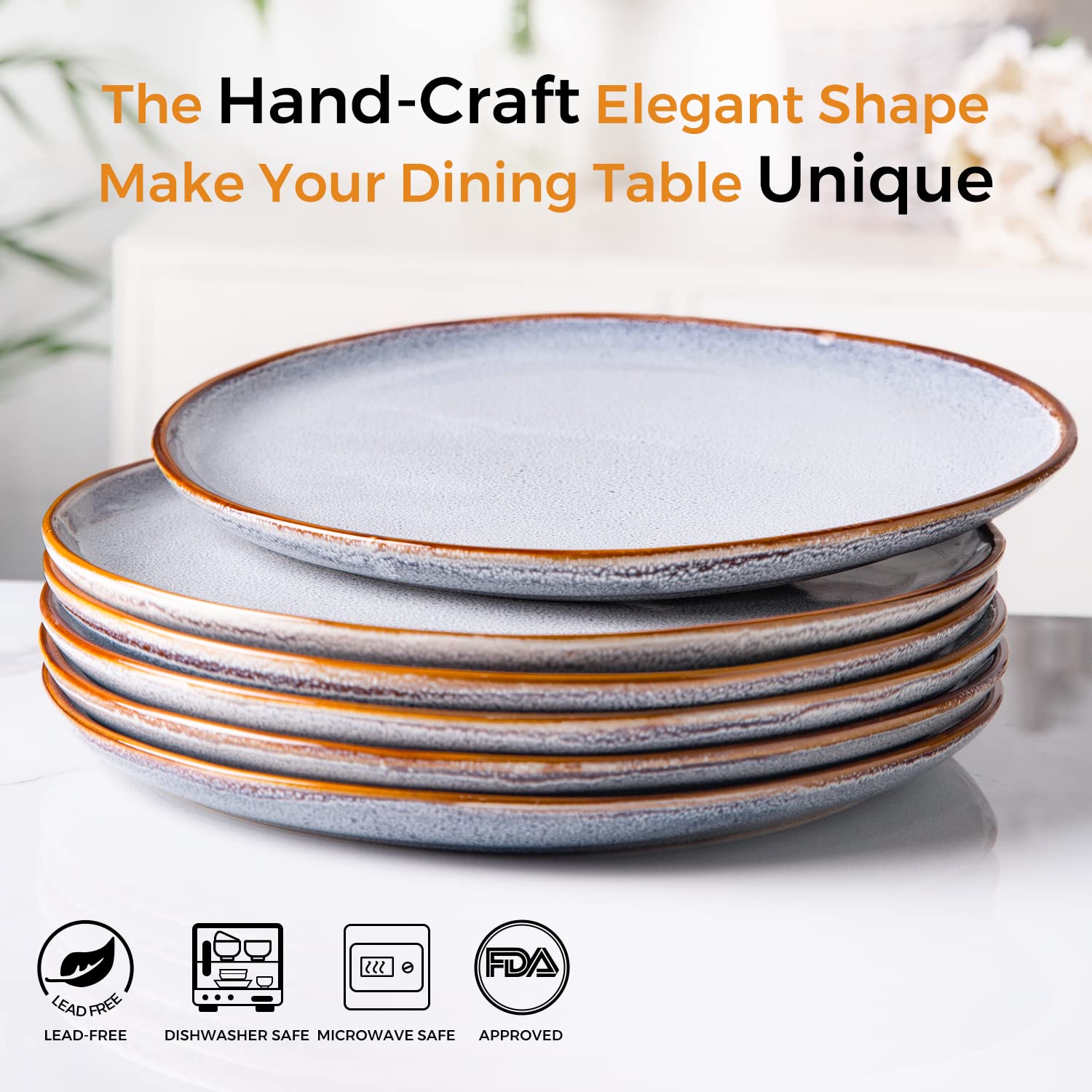 Amorarc Ceramic Dinner Plates Set Of 6, 10.5 Inch Handmade Reactive Glaze Stoneware Plates, Large Rustic Shape Dinnerware Dish S