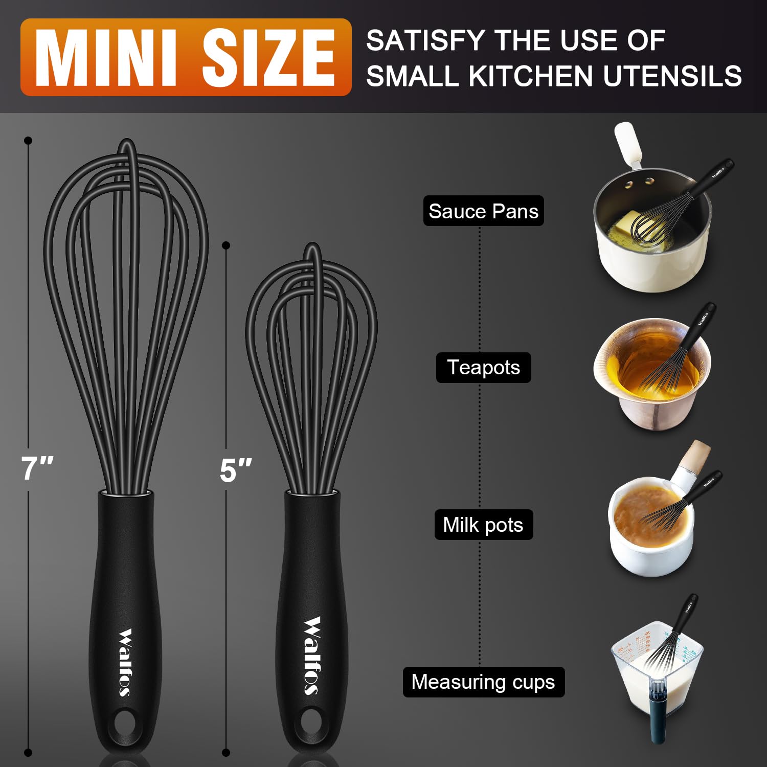 Walfos Whisk 5+7Inch Mini Whisk,Silicone Whisk Non Scratch Heat Resistant (480F). Nice For Stirring Individual Eggs And Mixing S