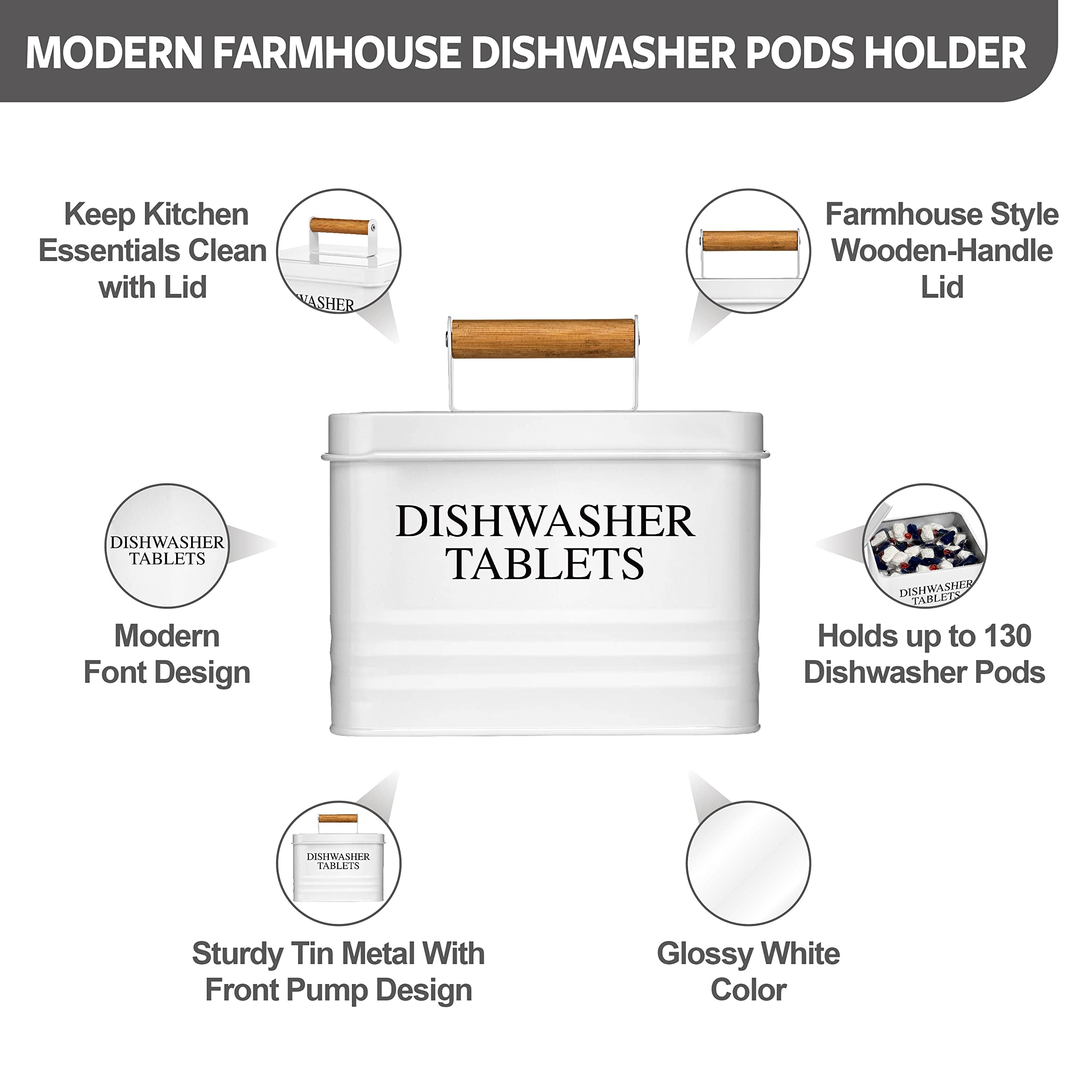 Calindiana Modern Farmhouse Metal Dishwasher Pods Container Holder With Lid For Kitchen Organization And Storage, Kitchen Essent
