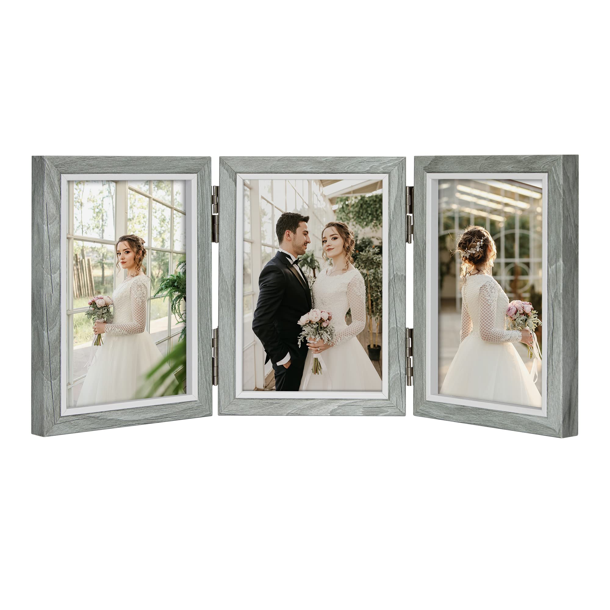 Sonefreiy 4x6 Picture Frame Collage 3 Picture Frames with Real Glass, Grey Wood Foldable Photo Frames for Wall & Tabletop Displa