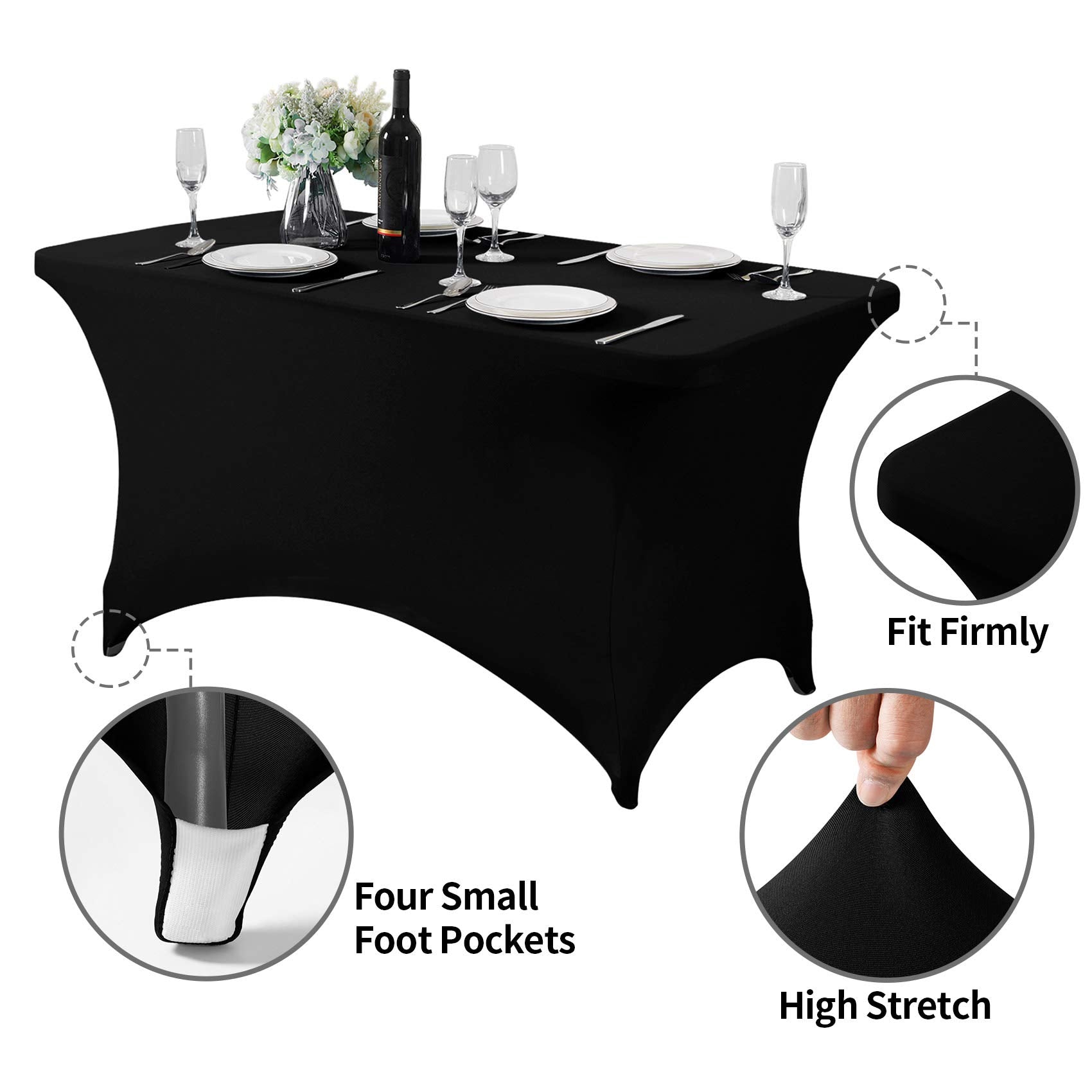Hezuzo 2Pack Spandex Table Cover For 4Ft Table Universal Fitted Stretch Tablecloth For Party, Banquet, Wedding And Events-Black