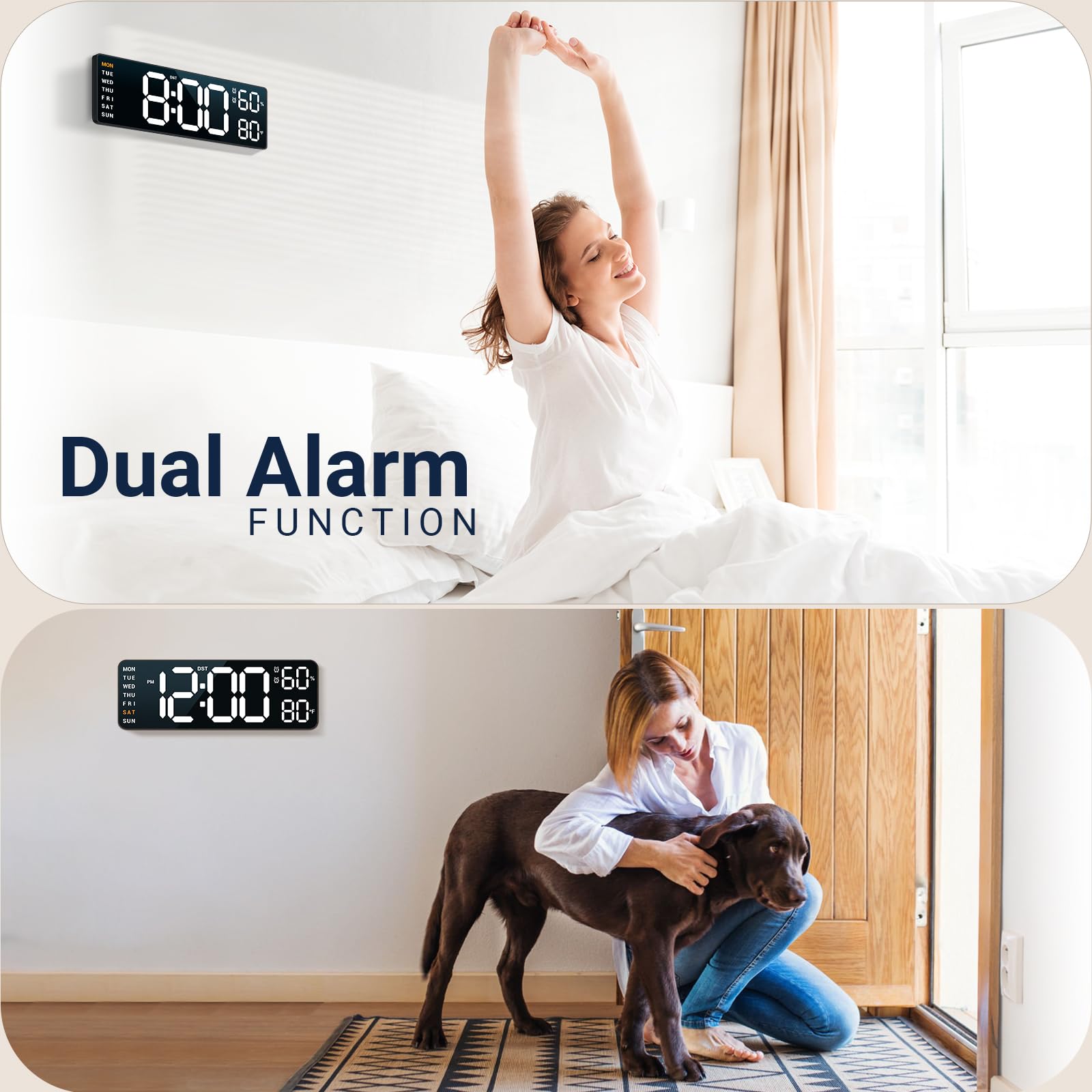 10 Digital Wall Clock: Dual Alarm Wall Mount Decor Clock for Living Room Classroom Office Desk, House Warming Gifts New Home Dec