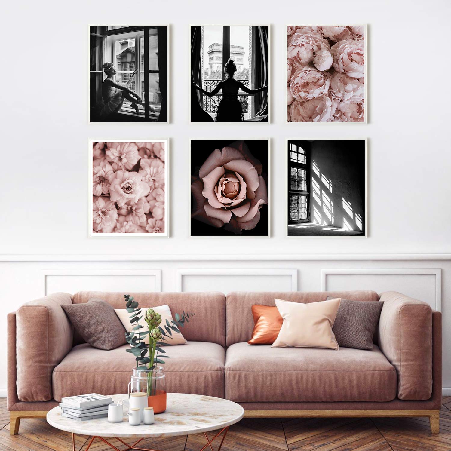 Hoozgee Fashion Wall Art Prints Black And White Fashion Art Pink Roses Flower Wall Decor Floral Trendy Posters Prints Canvas Wal
