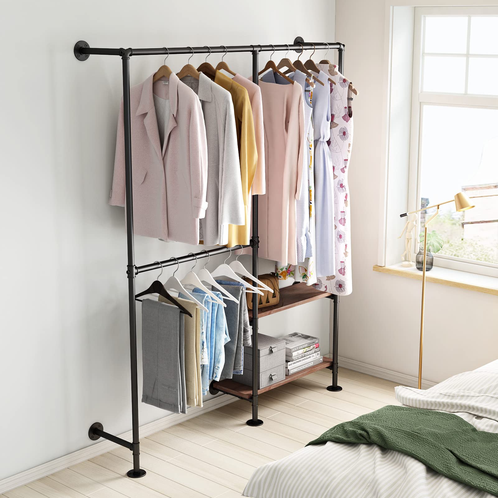 Ironjiazu Industrial Pipe Clothes Racks With Black Shelves, Industrial Pipe Black Clothing Rack With Double Hanging Rods, Heavy