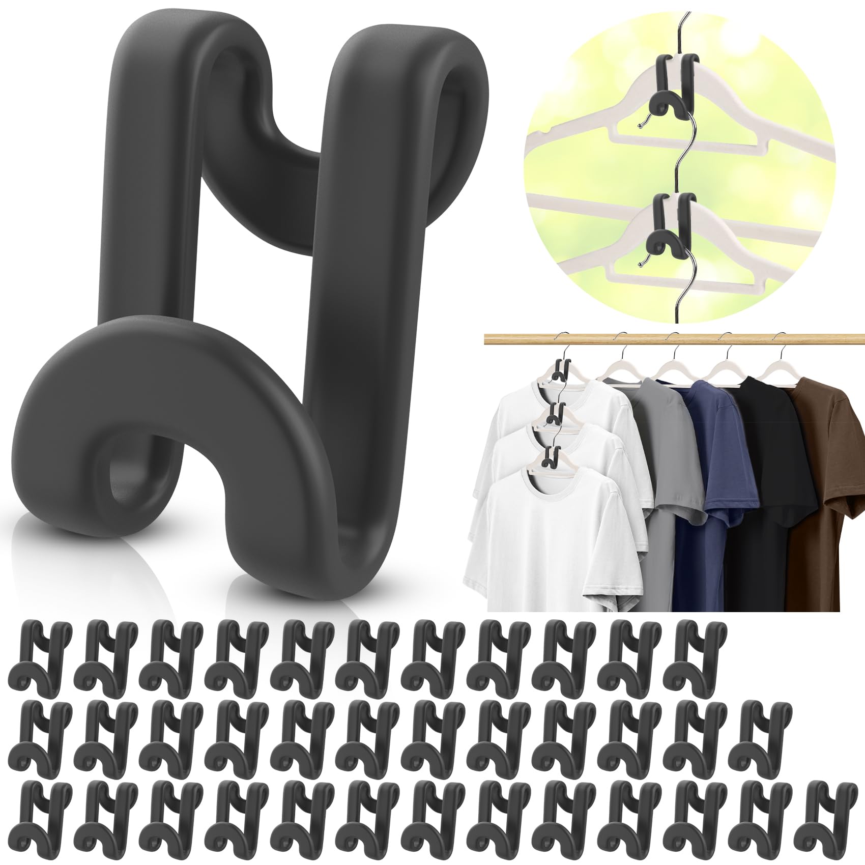 Besslly 100Pcs Clothes Hanger Connector Hooks, Plastic Space Saving Heavy Duty Hanger Extender Clips For Closet Organizers, Blac