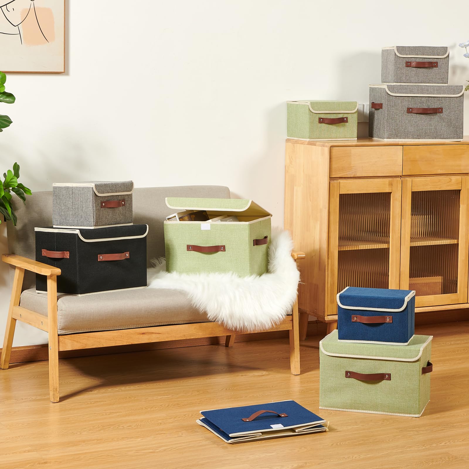 Vinnegenzz Storage Boxes With Lid Cotton Linen Fabric Storage Bins Organizer Container Decorative Collapsible Washable Shelf Bas