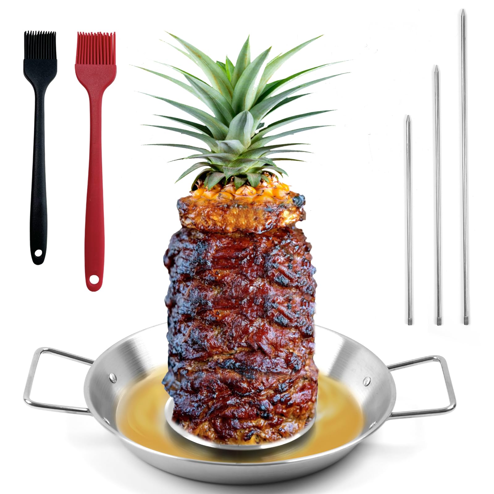 Fengzhe Al Pastor Skewer For Grill, Stainless Steel Vertical Skewer, Brazilian Spit Stand With 3 Spikes,2 Brushes,Ideal For Taco