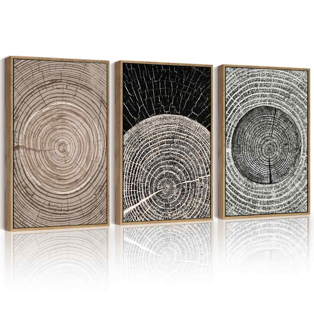 Phopago Vintage Wood Tree Rings Wall Art 16X24In Farmhouse Rustic Framed Paintings Nature Artwork For Home Office Bedroom - Natu