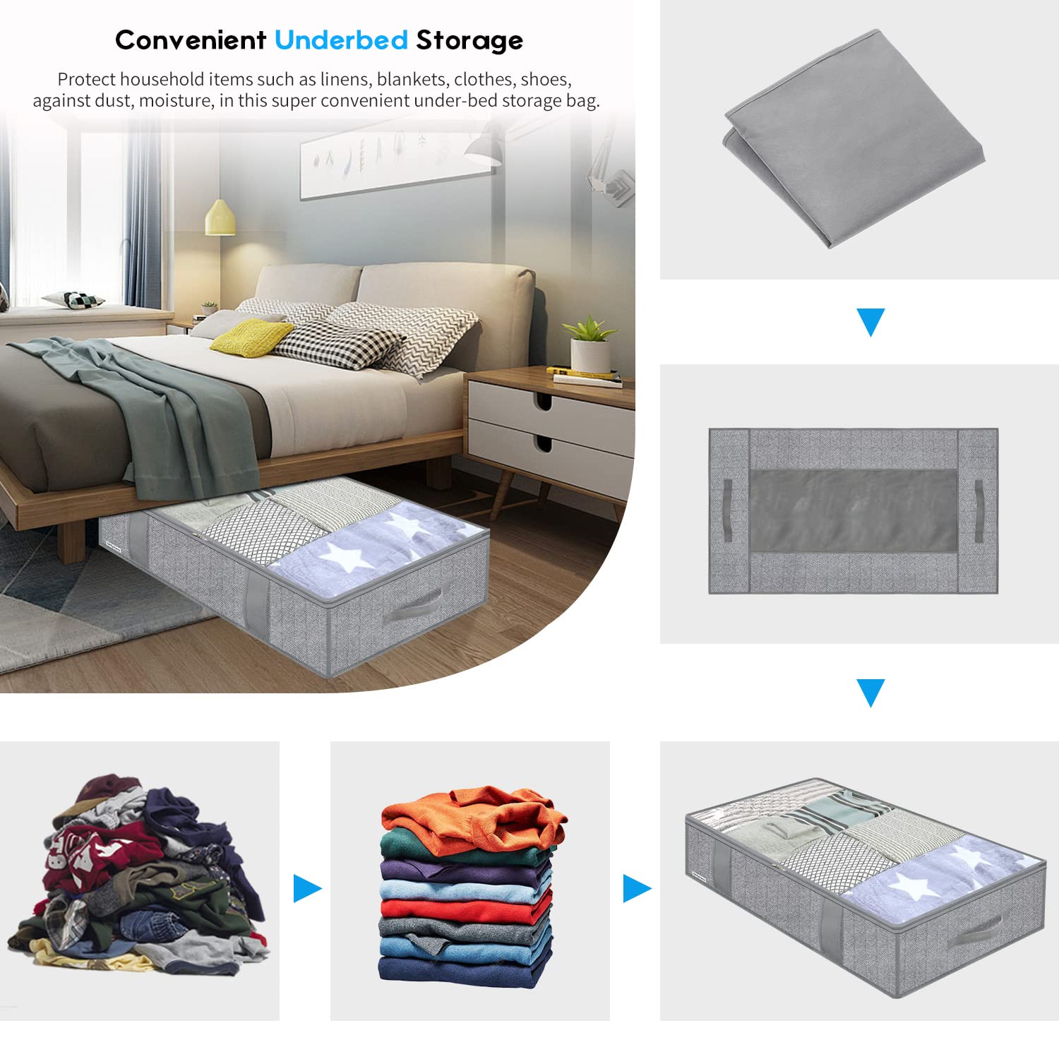 Onlyeasy Large Underbed Storage Bags Organizer Container (2 Pack) with 4 Handles and 2 Sturdy Zippers, Blankets Clothes Comforte
