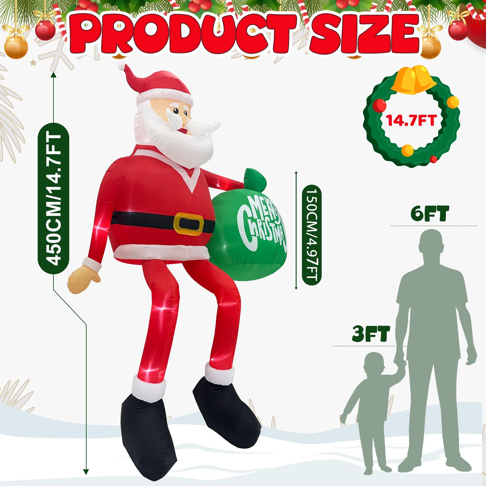 GUDELAK 15FT Inflatable Christmas Decoration - Climbing Santa Claus, Red Polyester, Outdoor LED Holiday Decor, Model S-CQ-PQLR-L-US-1