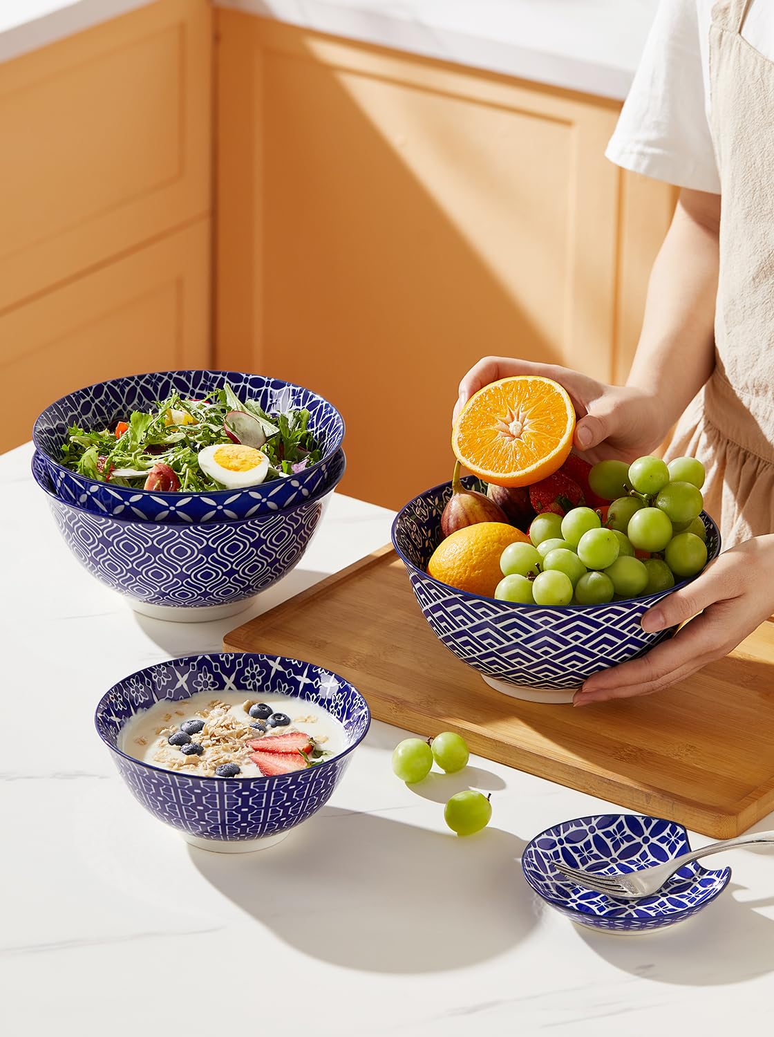 Metahom Large Salad Bowls, 48 Oz Serving Bowls For Soup, Pho, Pasta, Blue And White Ceramic Bowls For Kitchen, Set Of 3, Microwa