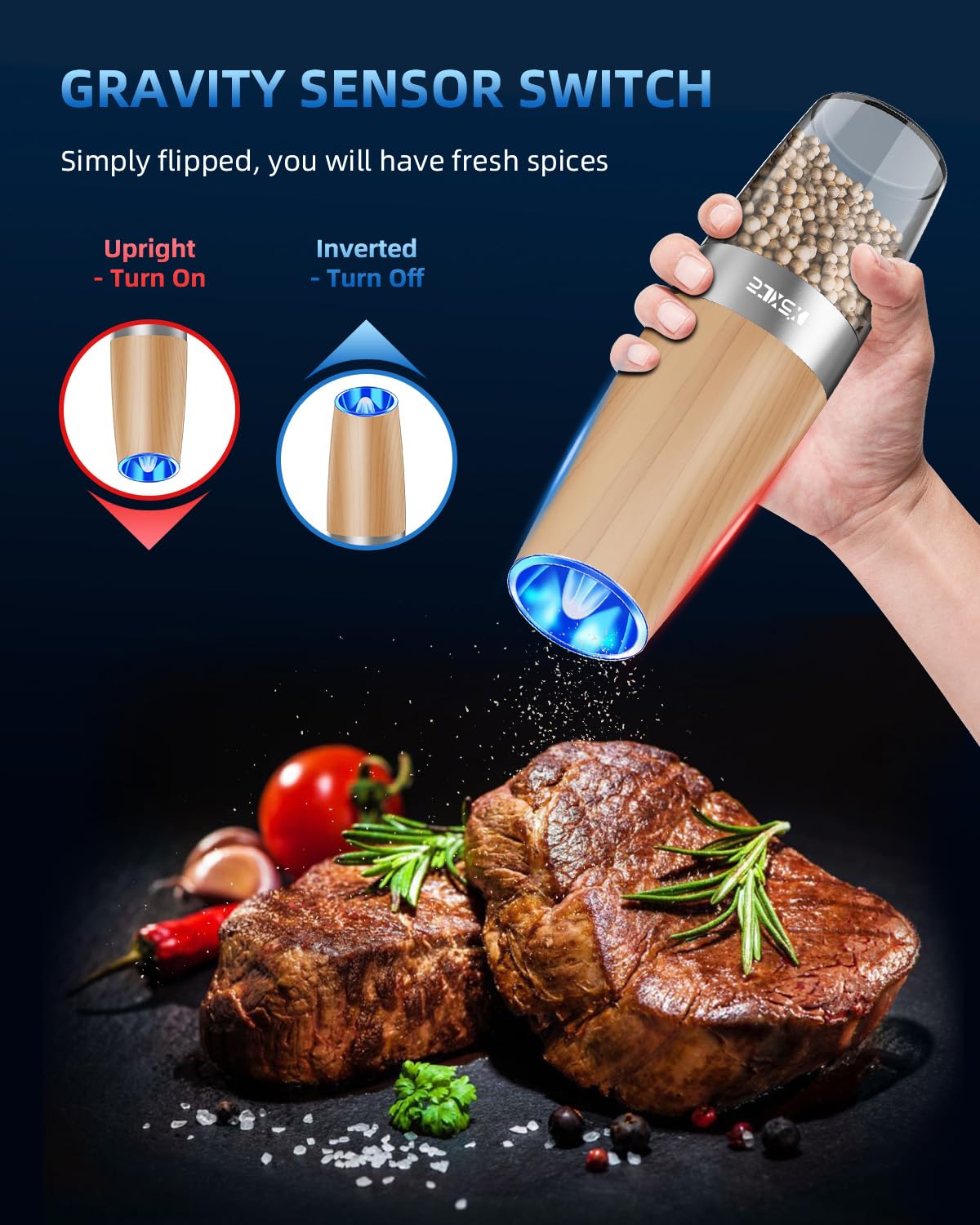 XinXu Electric Pepper Grinder, Salt or Pepper Mills & Adjustable Coarseness, with LED Light, One Hand Automatic Operation -Set/R