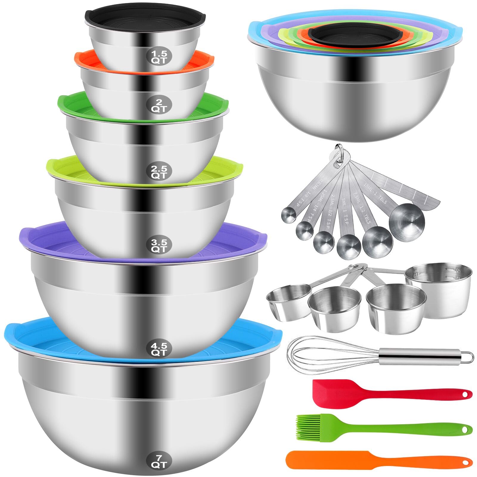 Wepsen Mixing Bowls With Lid Set, 27Pcs Kitchen Utensils Metal Bowl Stainless Steel Nesting Bowls, Measuring Cups And Spoons, Eg