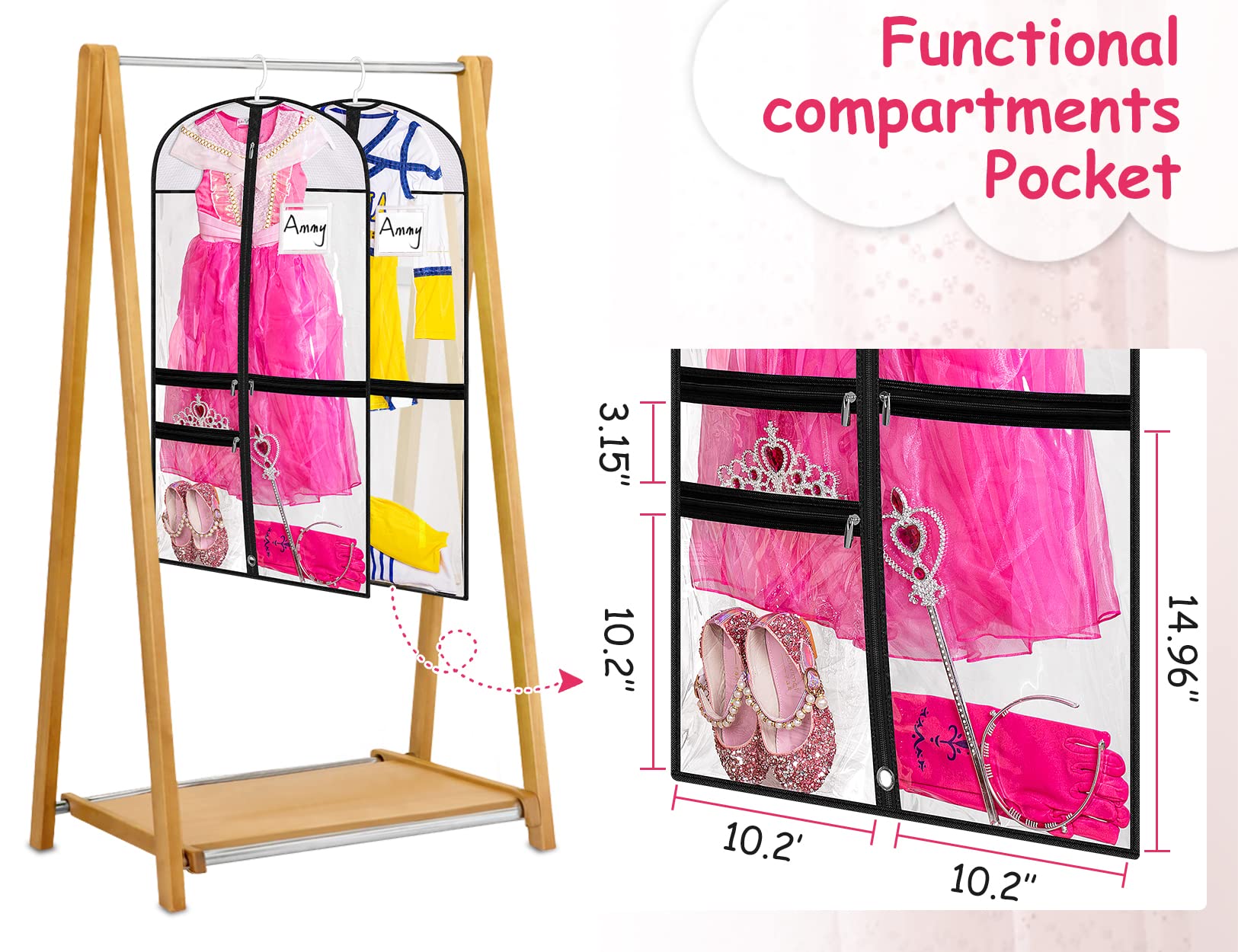 Kimbora Clear Dance Costume Garment Bag For Dancers 3 Zippered Pockets Kids Embroiderable Competitions Bags, Clothes Cover For G