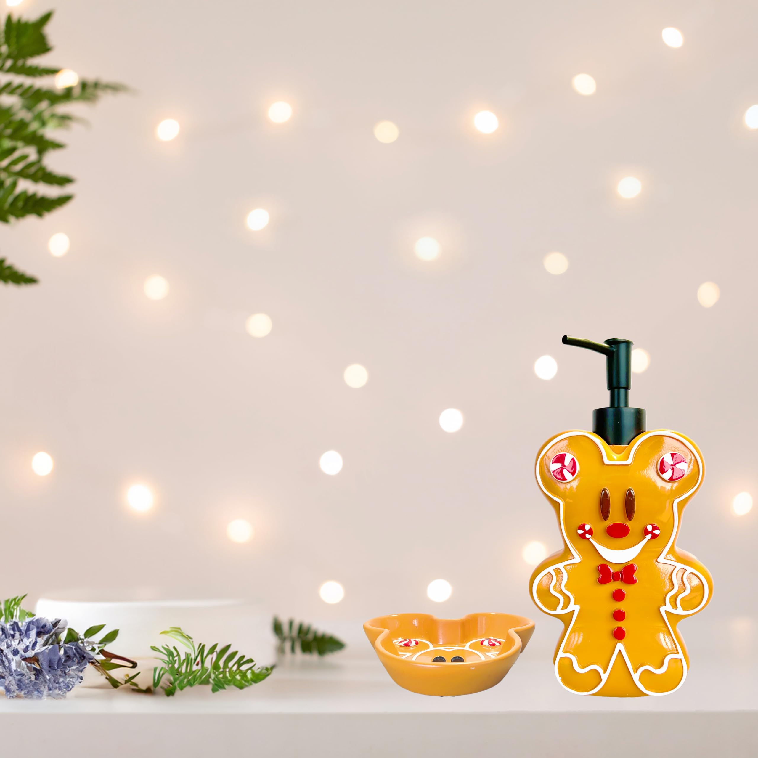 Jay Franco Disney Mickey Mouse Gingerbread Bathroom Set - 2 Piece Collection Includes Lotion Pump & Soap Dish - Christmas And Ho