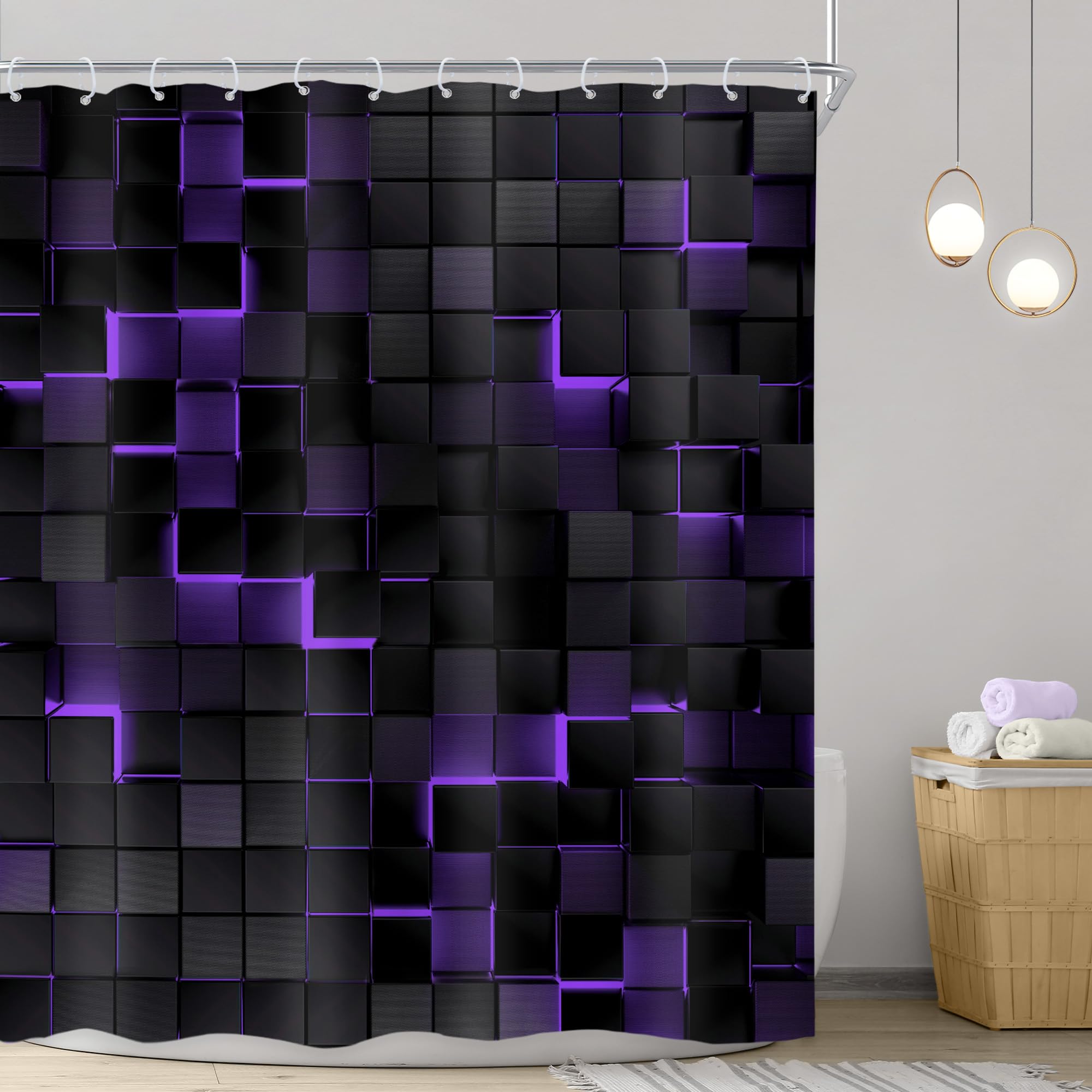 Riyidecor Black Purple Wall Shower Curtain 60Wx72H Inch Abstract Brick Modern 3D Gradient Design Futuristic Geometric Plaid Cube