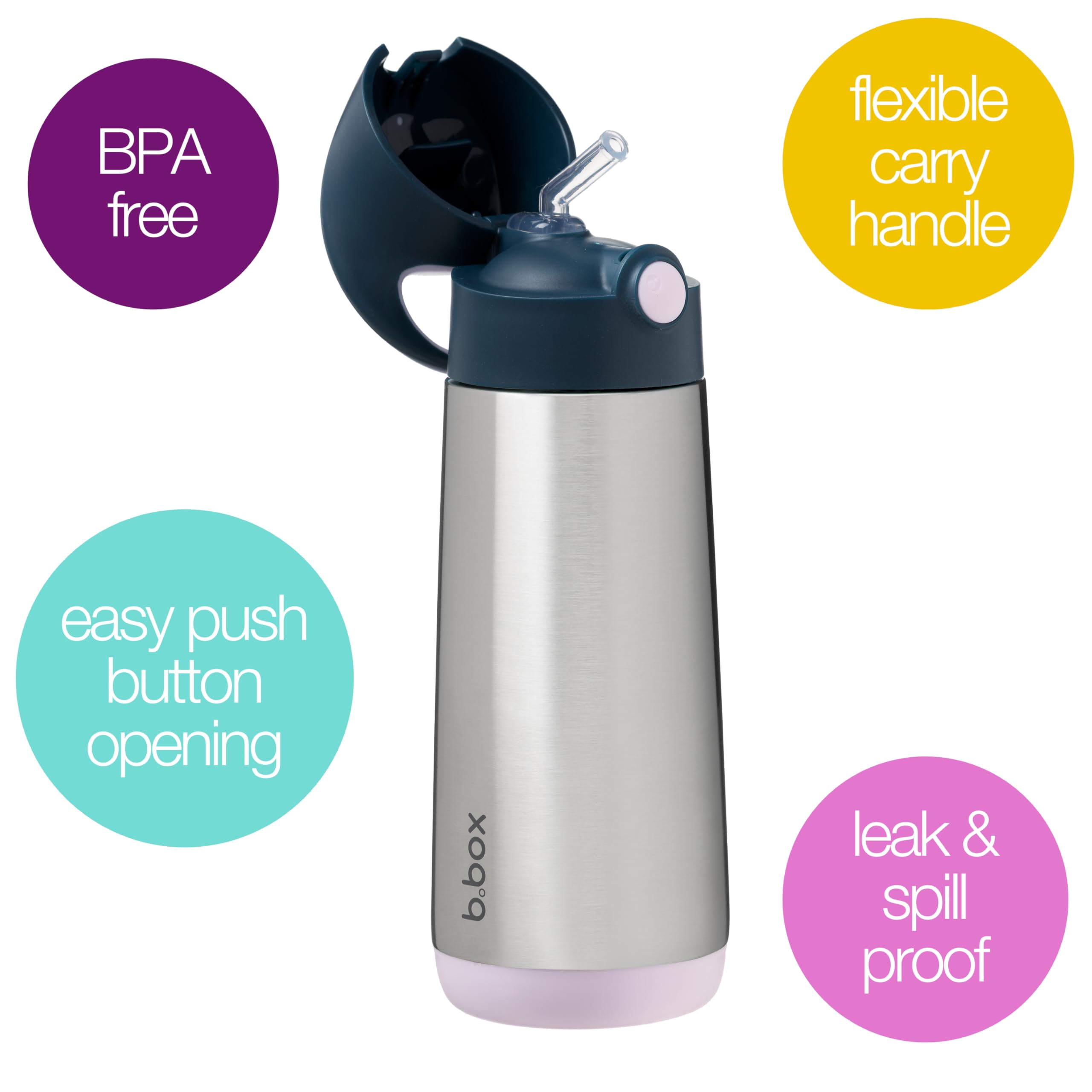 B.Box 16.9 Oz Insulated Water Bottle: Keeps Drinks Cold Up To 15 Hours, Warm Up To 8 Hours. Triple Wall Stainless Steel Kids Wat