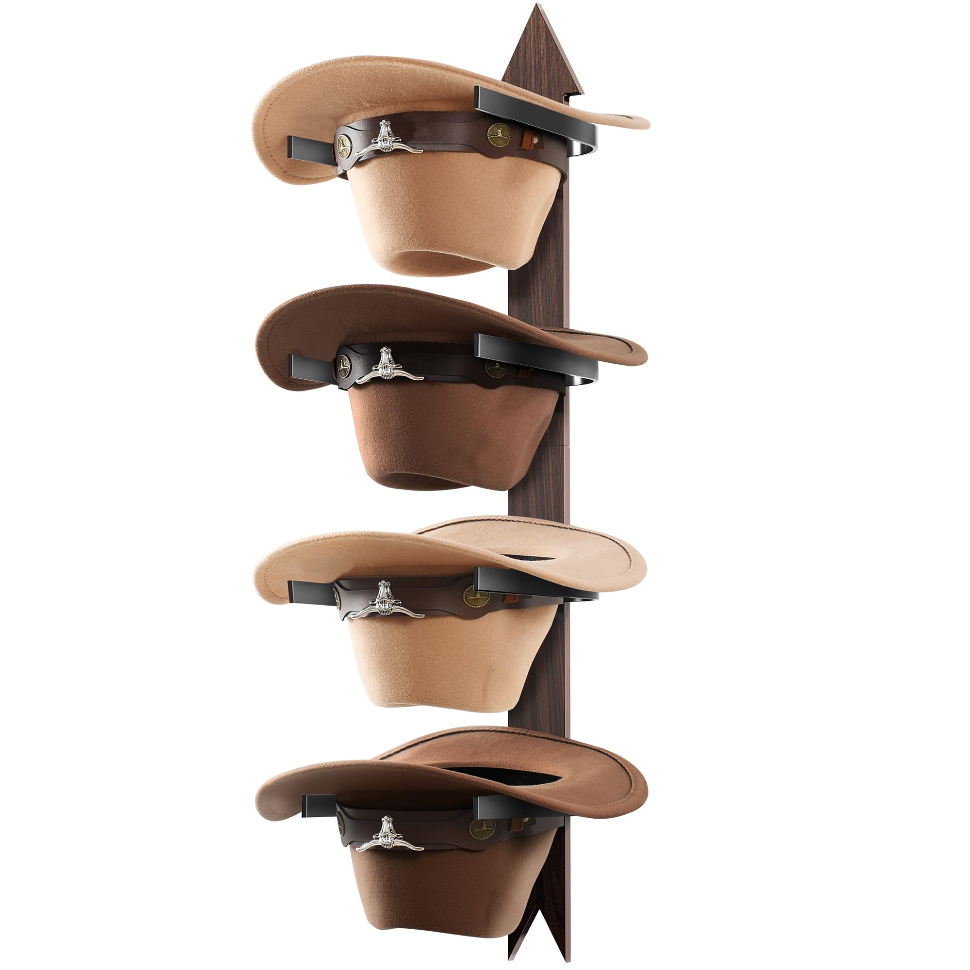 Cinati Cowboy Hat Rack, Cowboy Hat Holder Wall Mount Holds Up To 4 Hats, Wooden Western Rustic Metal Cowboy Hat Hanger With Arro