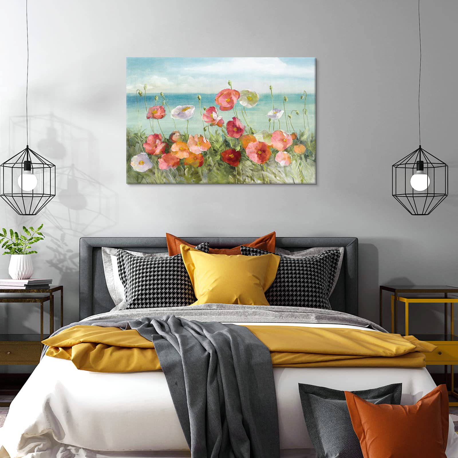 Goldfoilart Beach Colorful Flower Canvas Paintings Poppies Wall Art Pictures Bloosom Floral Framed Artwork Prints Modern Landsca