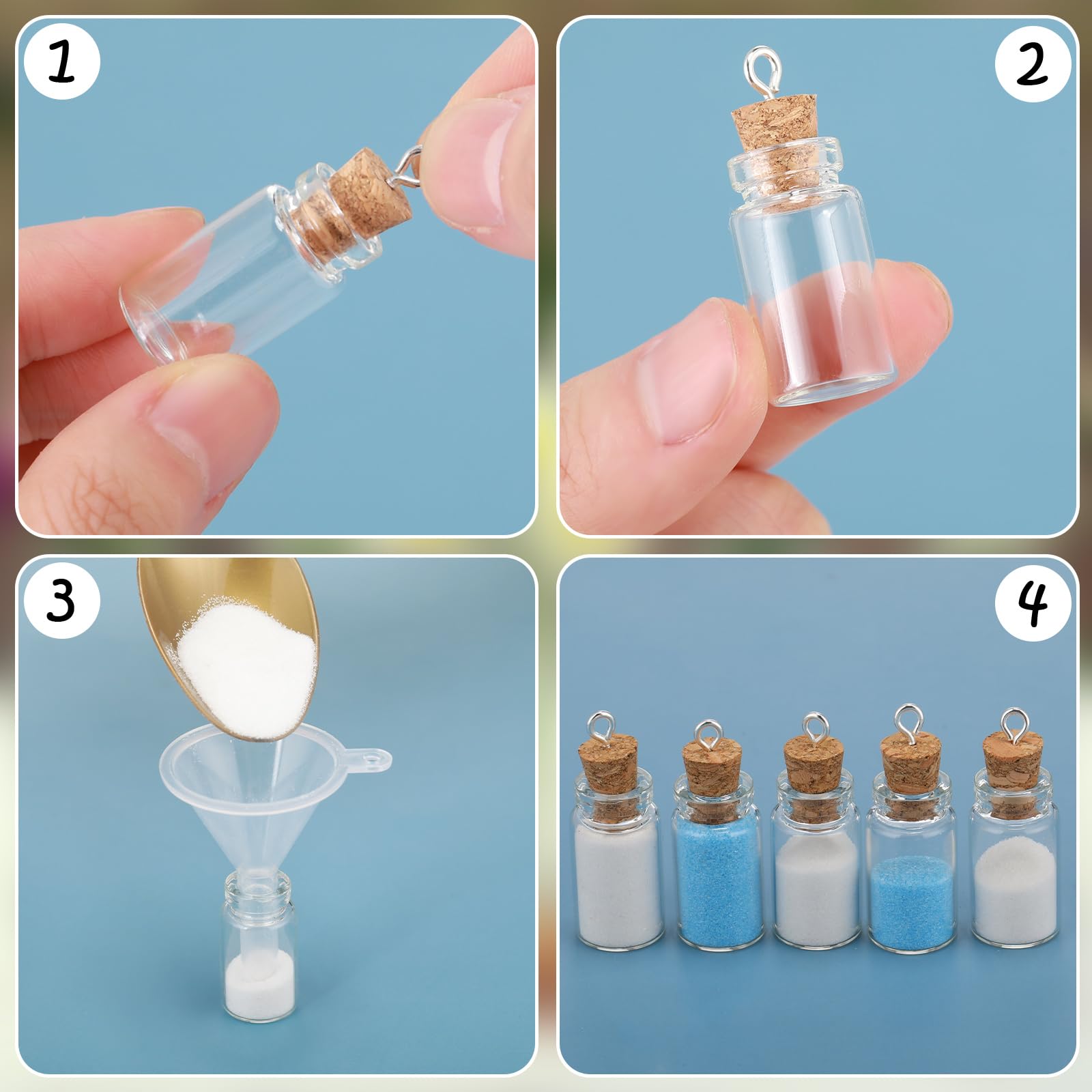 Yungyan 50 Pieces Small Mini Glass Bottles Jars with Cork Stoppers Set, Tiny Cork Glass Bottles with Eye Screws and Small Funnel