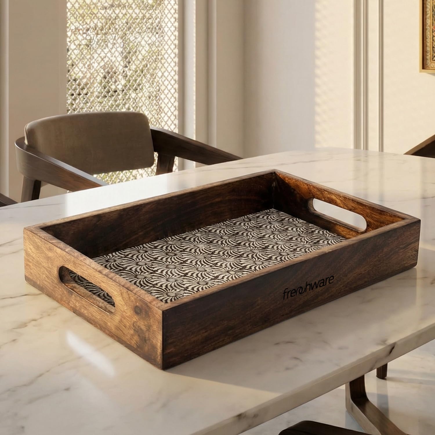 Frenchware Mango Wooden Serving Paatra Tray With Metal Inlay, 37X24X5Cm