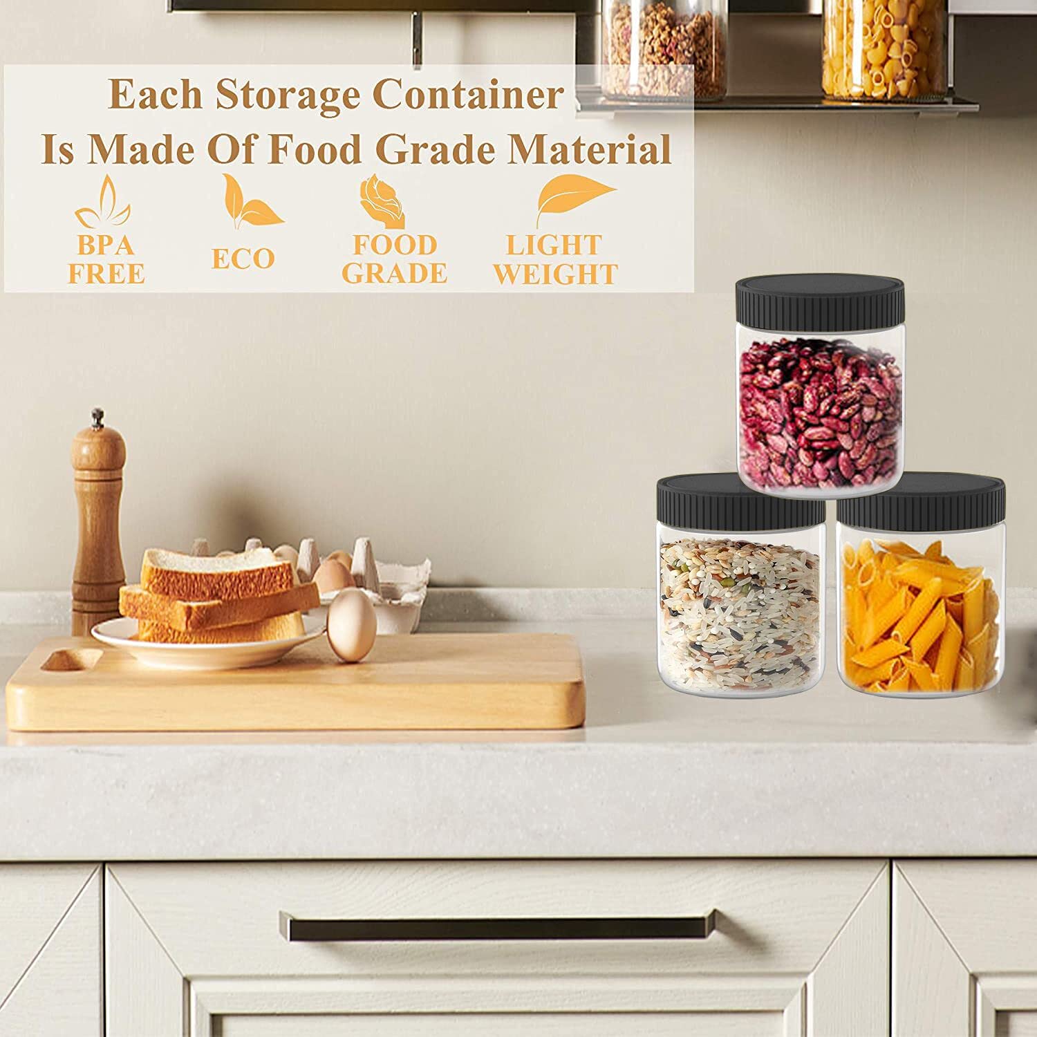 Xinglian 16 Oz Clear Plastic Jars With Black Lids Refillable Kitchen Storage Containers For Dry Food, Coffee, Nuts And More, 6 P
