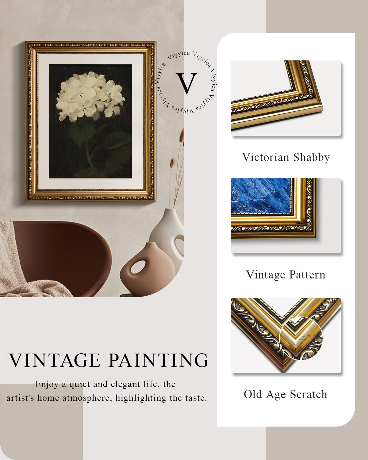 Viyyiea Gold Framed Wall Art Canvas Print Home Decor Vintage Flower Aesthetic Room Decor White Hydrangea Oil Painting Picture Ch