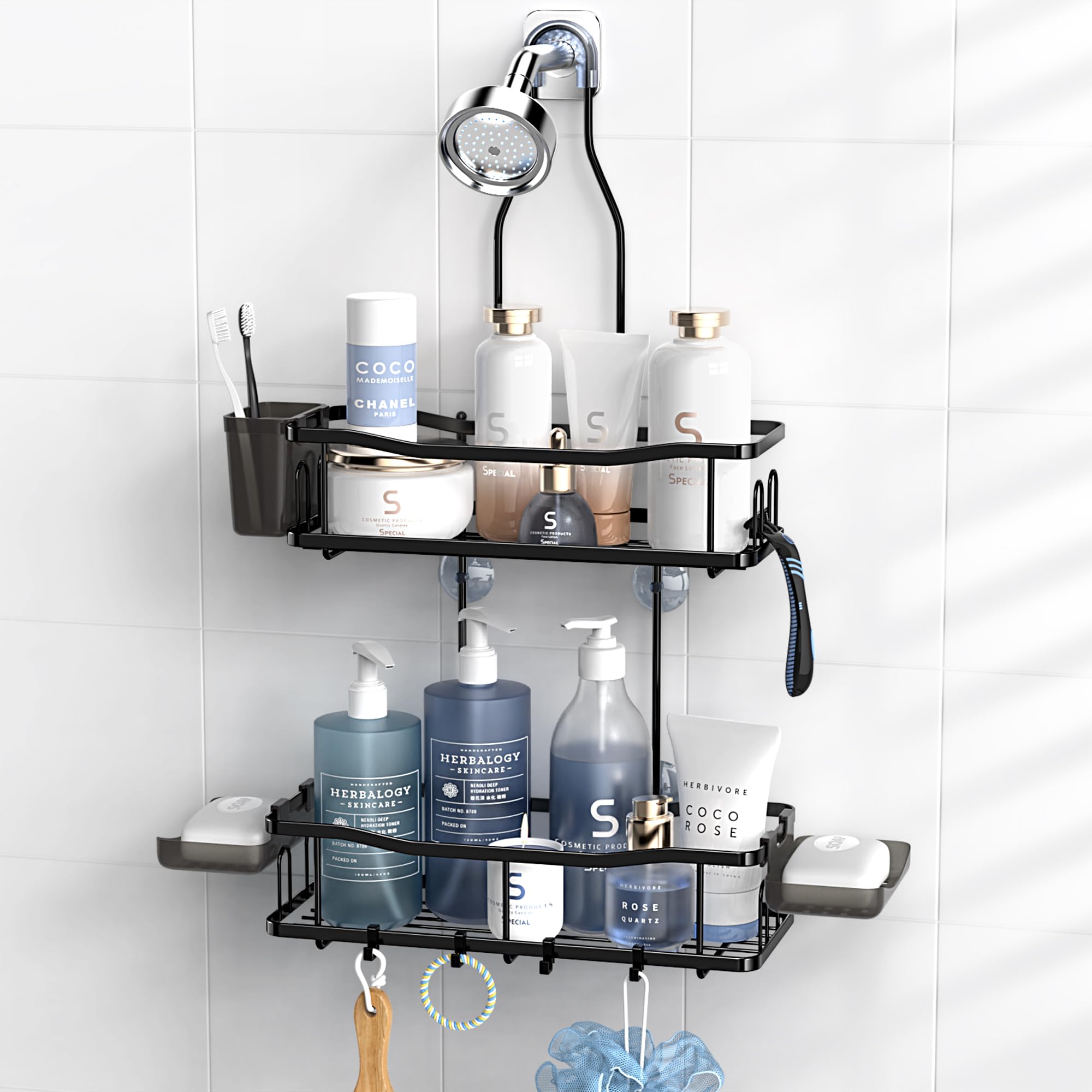 Aitatty Shower Caddy Shelf Organizer Rack: Self Adhesive Black Bathroom Shelves - Rustproof No-Drilling Stainless Steel Shower S