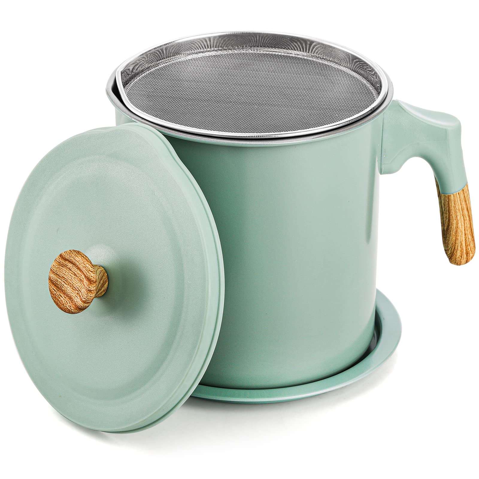 Lyellfe Bacon Grease Container With Strainer, 1.4L/48 Oz Stainless Steel Oil Filter Pot For Kitchen, Green Cooking Oil Storage C