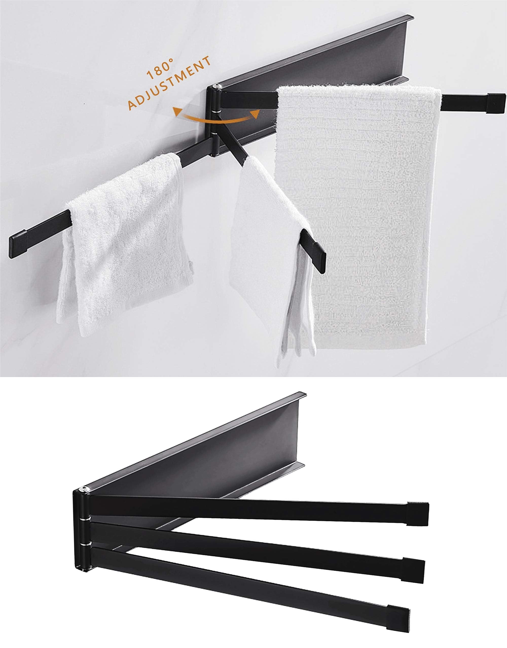 Yeavs Swing Towel Holder Rack Matte Black, Wall Mounted Towel Bar Swivel With 3-Arm For Bathroom Kitchen Storage