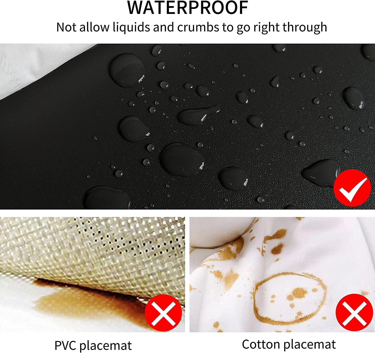 Placemats Set Of 6, Faux Leather Placemats With Coasters, Black Placemats, Heat Stain Scratch Resistant Waterproof Oil-Proof Was