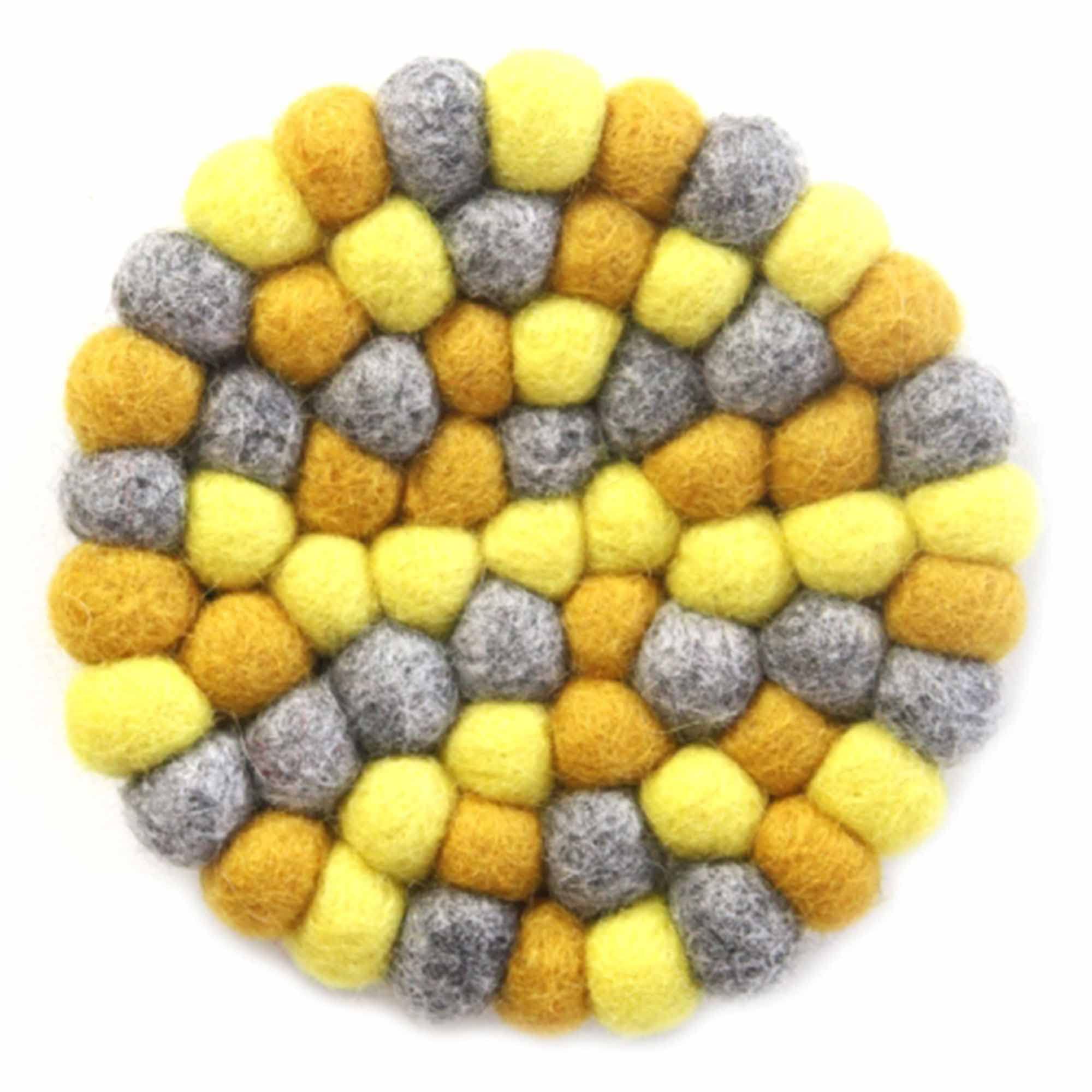 Global Crafts Hand Crafted Felt Ball Wool Trivet Mat From Nepal, 8'' Round Pad Chakra, Yellows