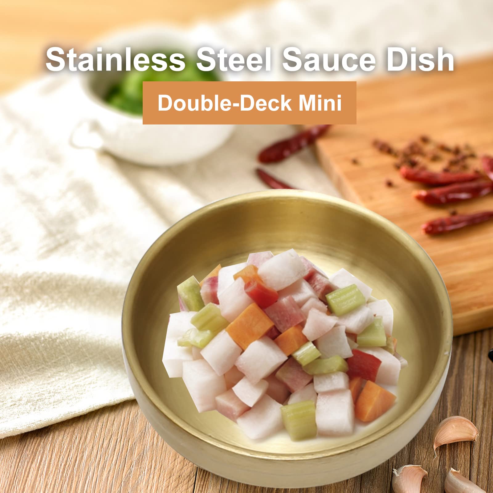 Mdeoosky 4Pcs Mini Stainless Steel Sauce Dish 3.54In Appetizer Plates Double-Deck Plates 304 Stainless Steel Plates For Oil Vine