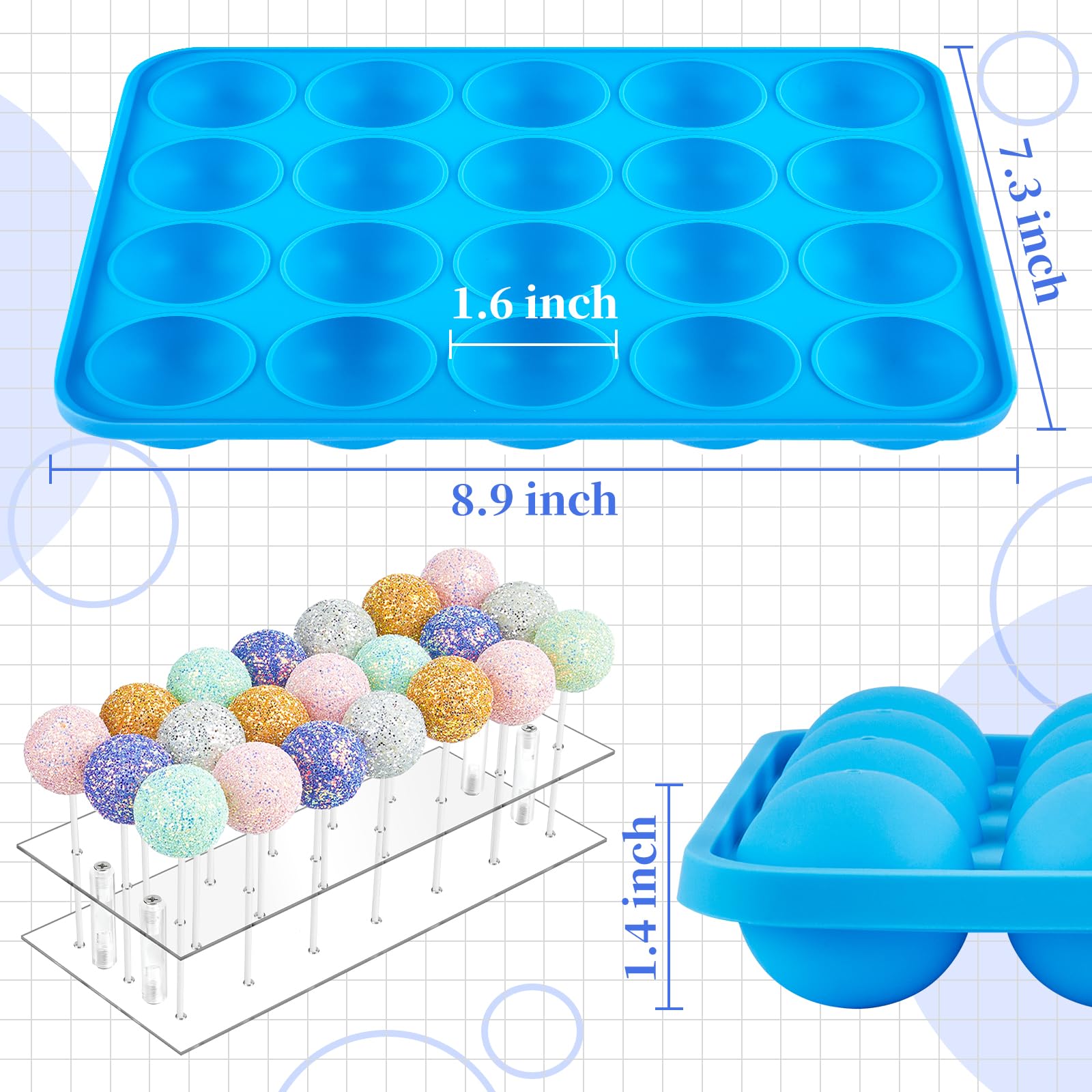 Cake Pop Maker Kit, 21 Hole Clear Acrylic Lollipop Display Stand With 20 Cavity Silicone Cake Pop Mold, 100 Pcs Sticks Treats Ba
