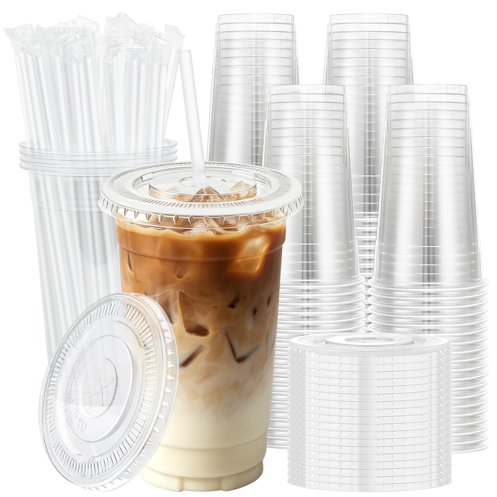 Lamosi 100 Pack 20 oz Clear Plastic Cups with Lids and Straws