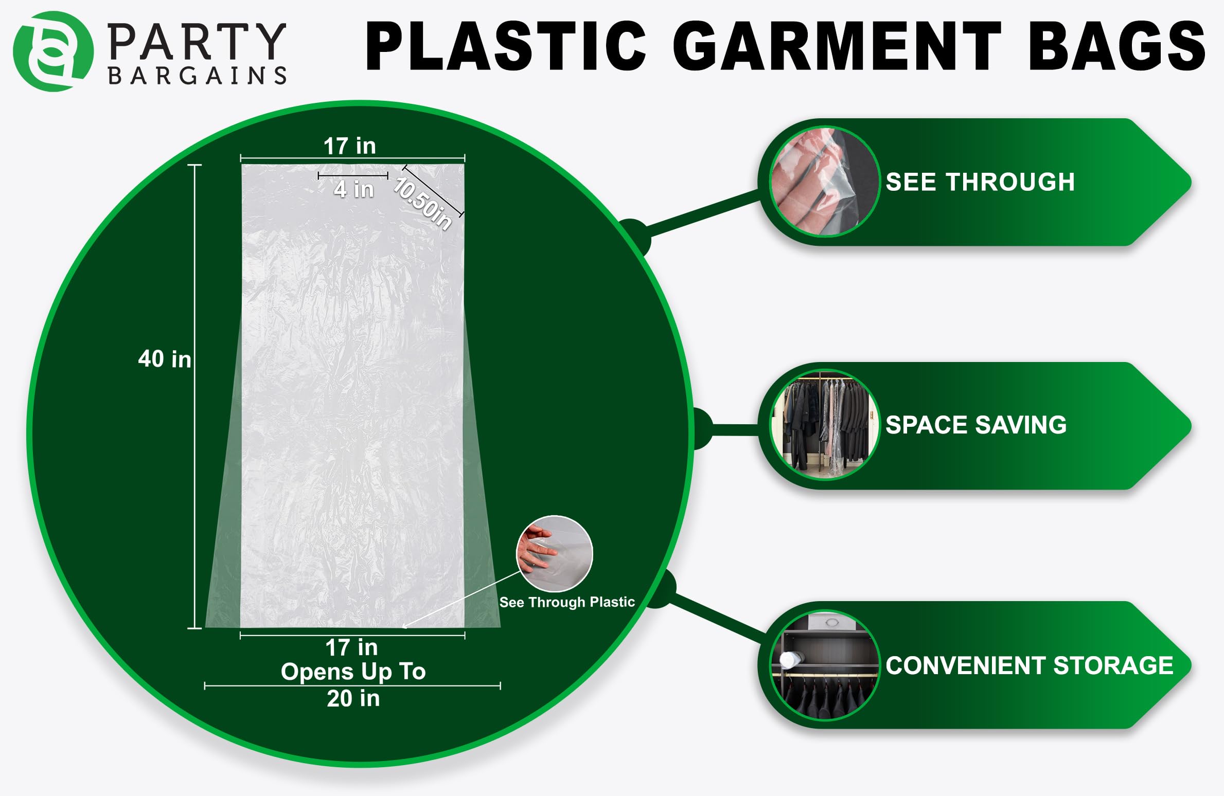 Party Bargains 40X20 Inch Clear Plastic Garment Bags, 100 Pack