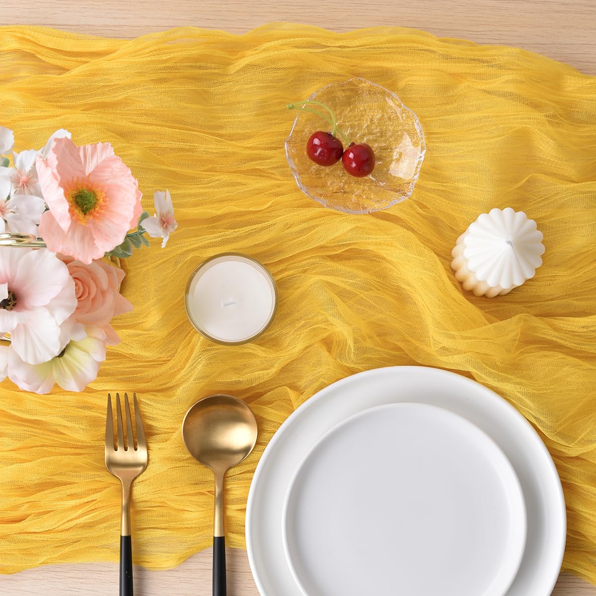 Joanlody Yellow Cheesecloth Table Runner 10Ft Rustic Gauze Cheese Cloth Table Runner Boho Fall Thanksgiving Table Runner For Wed