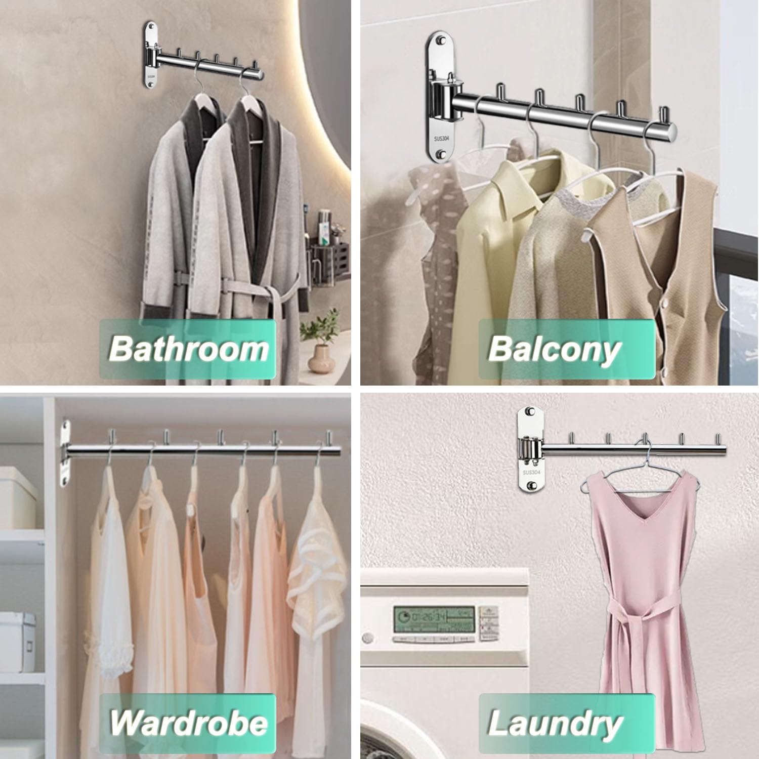 Clothes Hanger Rack Swing Arm, Folding Clothes Hanger Wall Mounted Space Saving Drying Rack, Stainless Steel 304 Laundry Room Va