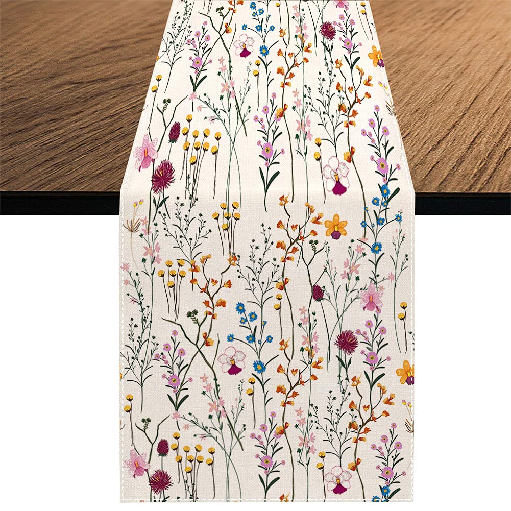 Watercolor Wild Flowers Table Runner, Seasonal Summer Colorful Flowers Holiday Kitchen Dining Table Decoration For Home Party De