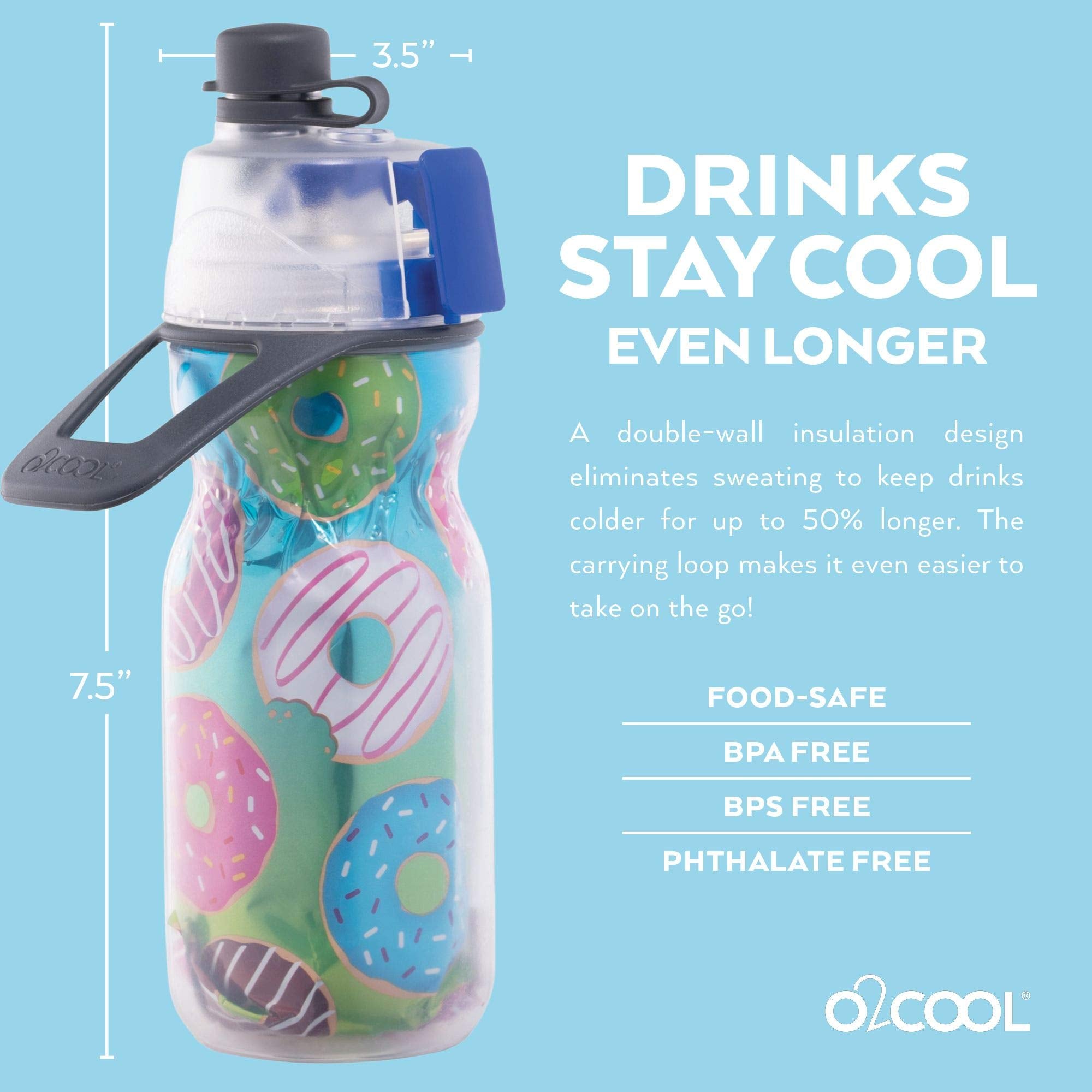 O2COOL Mist 'N Sip Kids Misting Water Bottle 2-in-1 Mist And Sip Function With No Leak Pull Top Spout Kids Water Bottle Sports Water Bottle - 12 oz (Donuts)