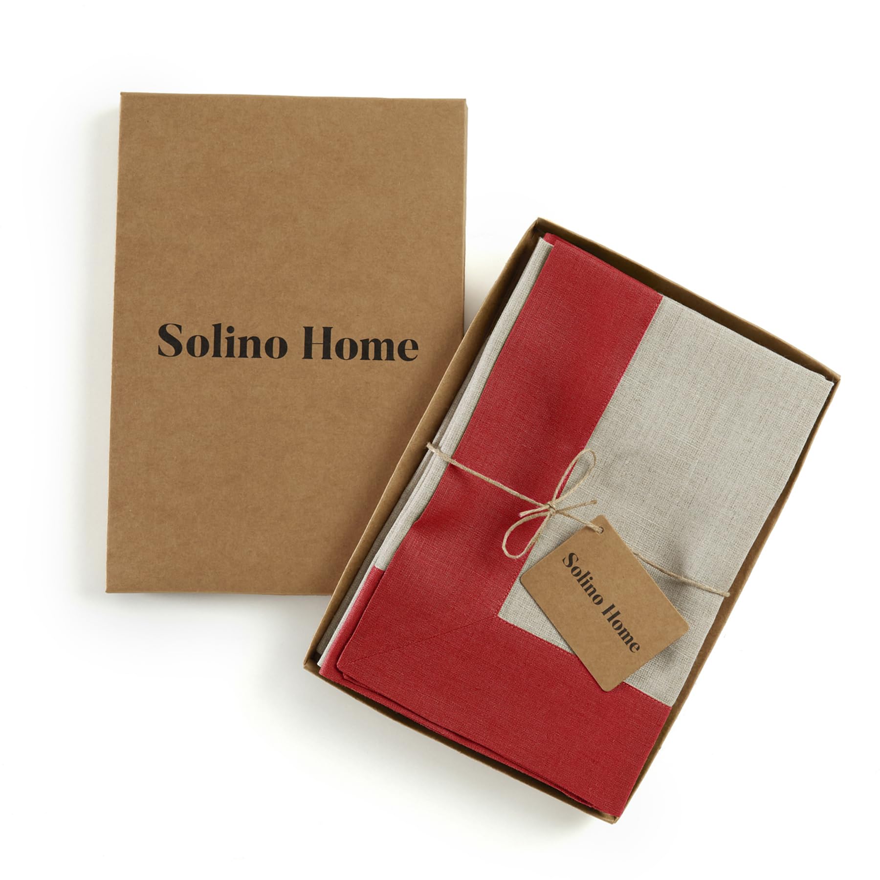 Solino Home Linen Dinner Napkins 20 X 20 Inch - 100% Pure Linen Red And Natural Cloth Napkins Set Of 4 - Contempo, Handcrafted A