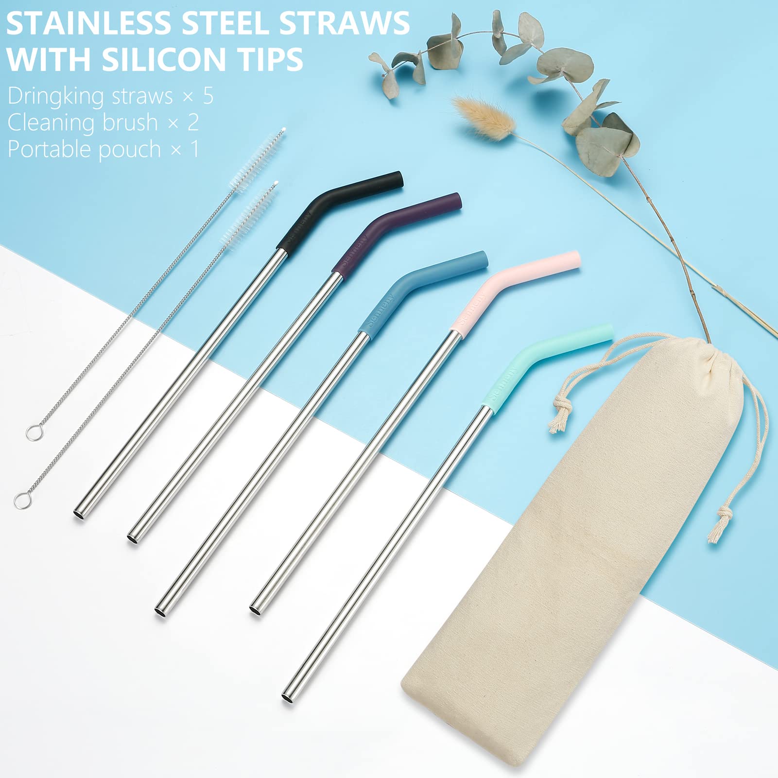 Senneny Set Of 5 Stainless Steel Straws With Silicone Flex Tips Elbows Cover, 2 Cleaning Brushes And 1 Portable Bag Included (Si