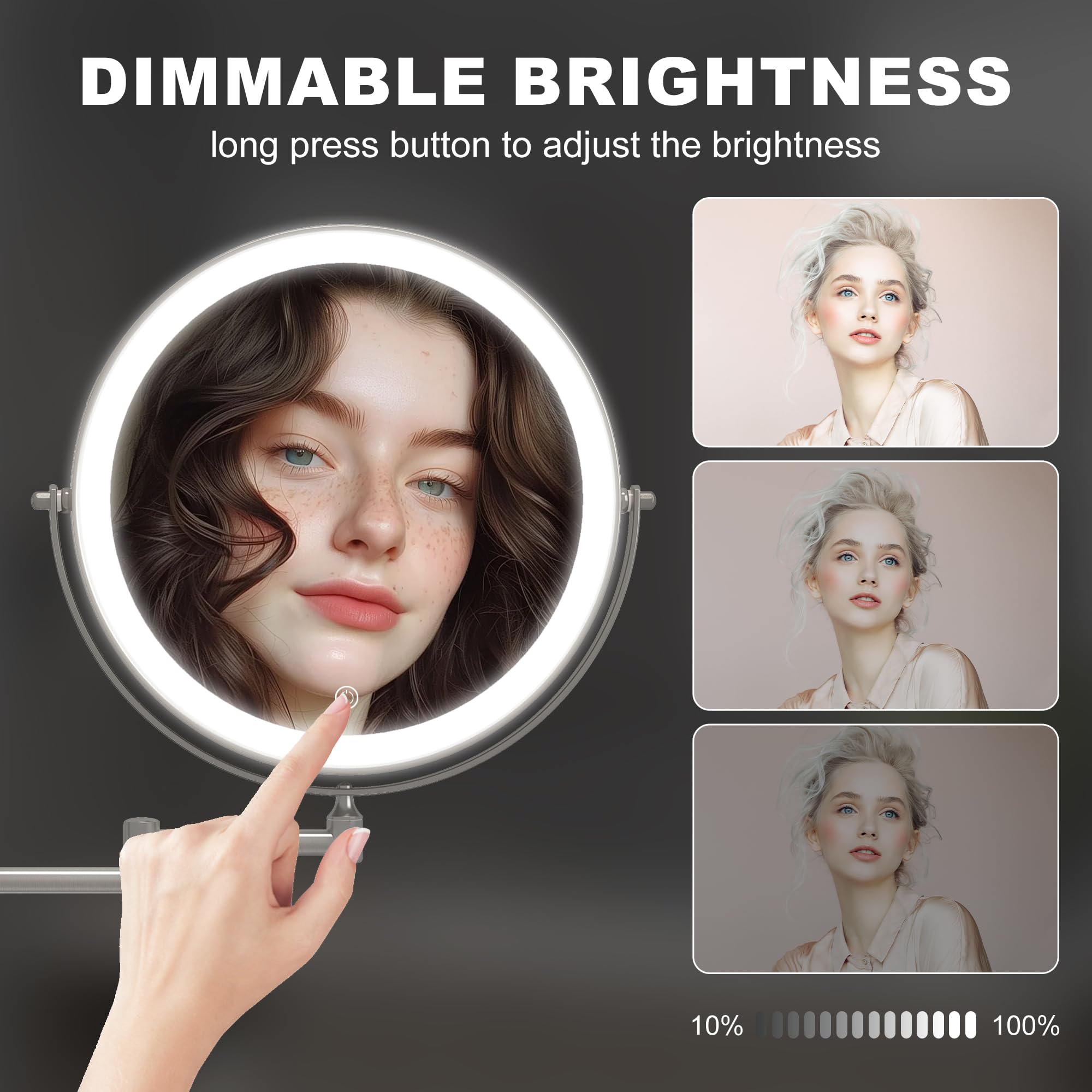 Hasipu 10-Inch Wall Mounted Makeup Mirror With Magnification, Rechargeable 3000 Mah Vanity Mirror With Lights, Bathroom Mirror W