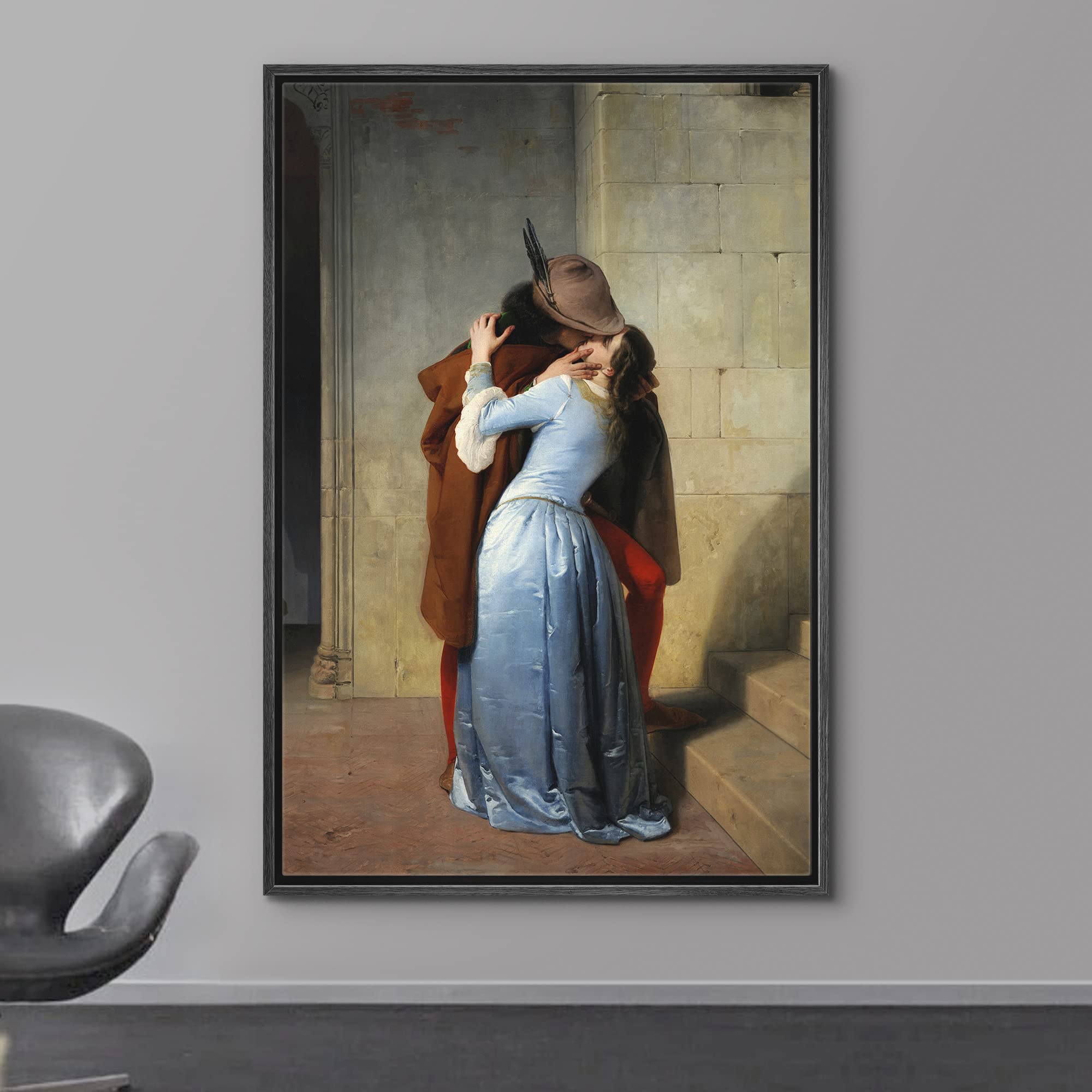Wall26 The Kiss (Il Bacio) By Francesco Hayez - Framed Canvas Print Wall Art Famous Painting Reproduction - 16''X24'' Black