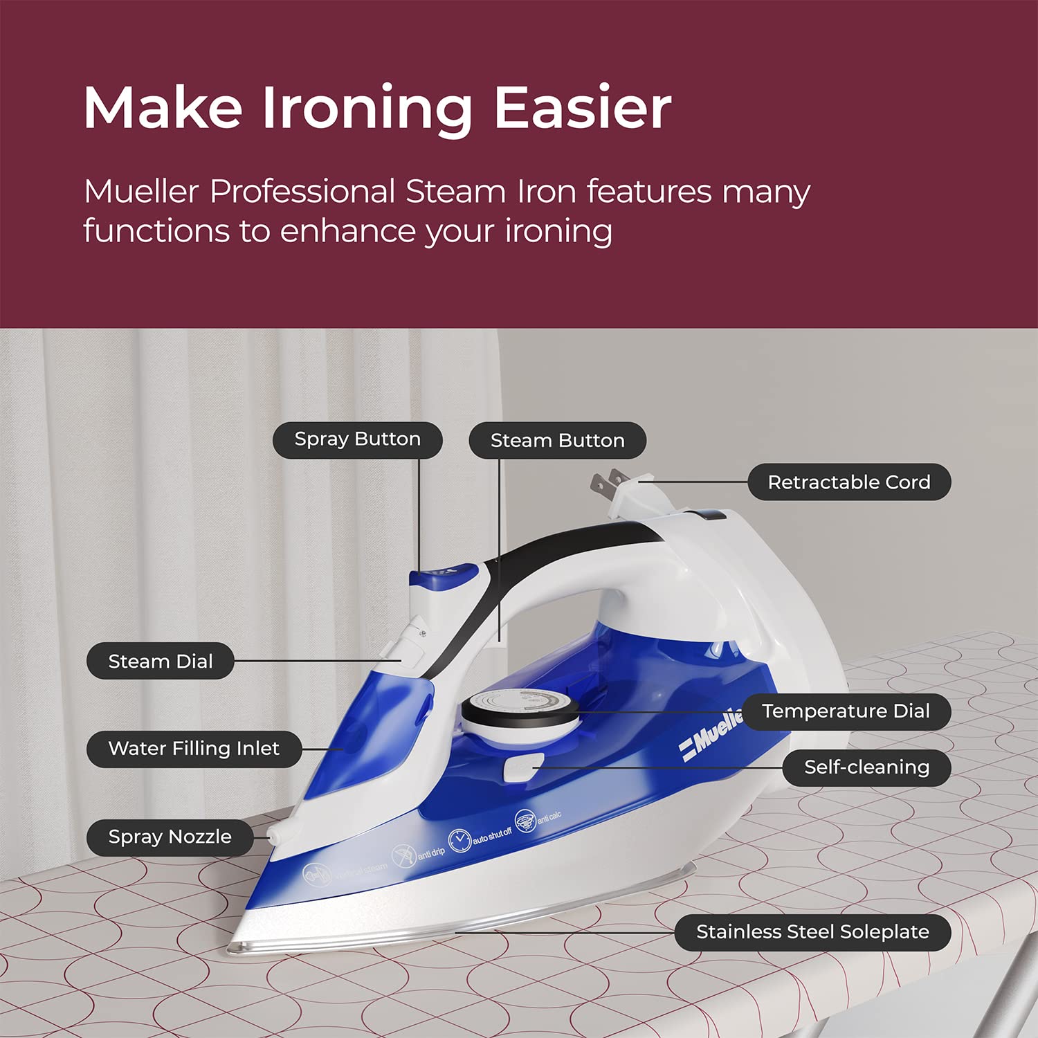 Mueller Professional Grade Steam Iron, Retractable Cord For Easy Storage, Shot Of Steam/Vertical Shot, 8 Ft Cord, 3 Way Auto Shu