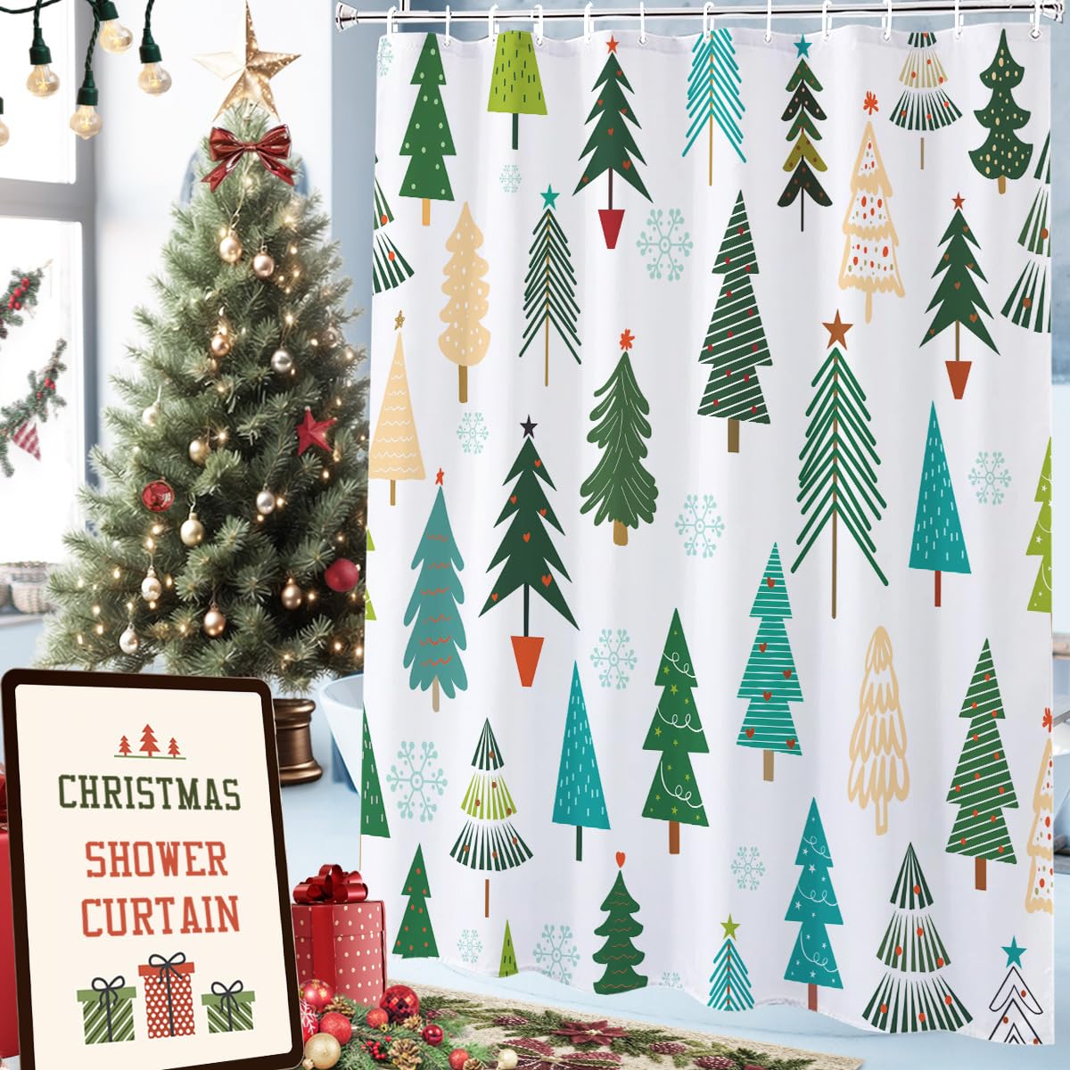 LYLYCTY Christmas Tree Shower Curtain for Bathroom, Winter Boho Fabric Shower Curtain Set with 12 Plastic Hooks 72x72 Inches