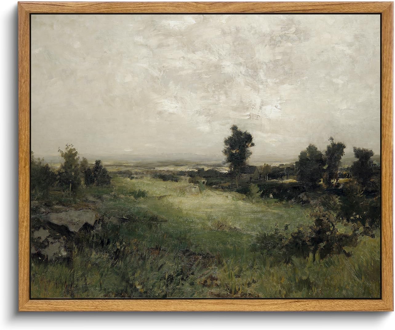 Kbkbart Vintage Landscape Wall Art Framed, Retro Muted Green Nature Wilderness Illustrations Bathroom Canvas Painting, Rustic Fa